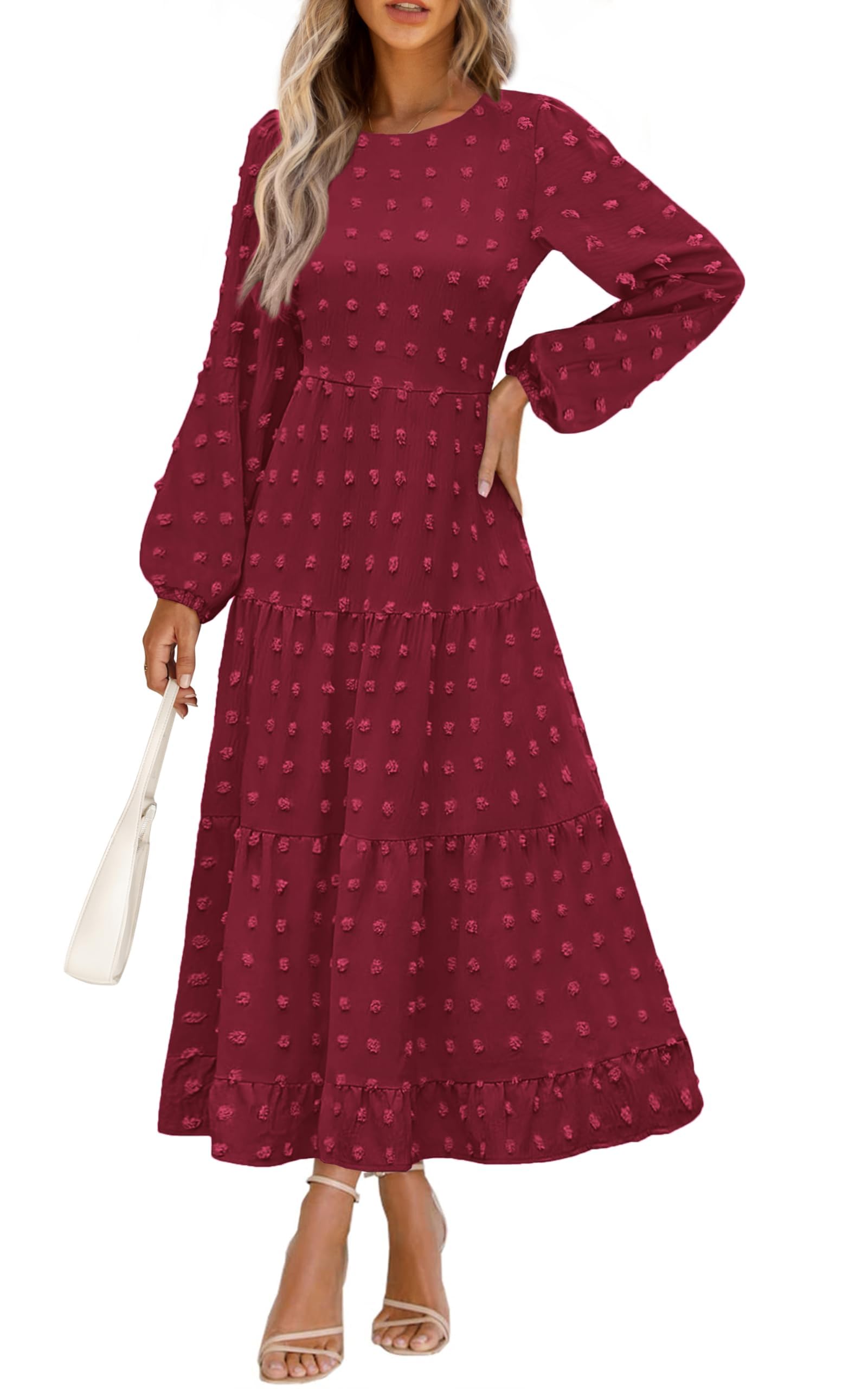 PRETTYGARDEN Women's Fall Spring Elegant Long Sleeve Maxi Dress Swiss Dot A Line Flowy Casual Holiday Party Going Out Dresses