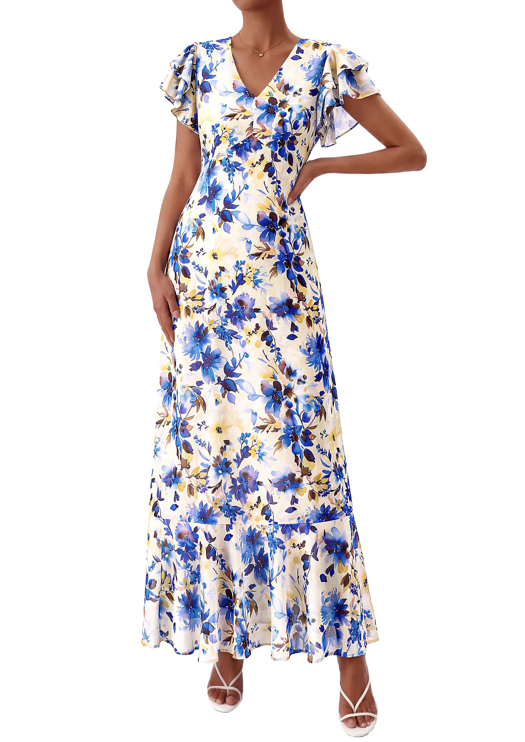 PRETTYGARDEN Womens Summer Floral Maxi Dresses Spring Short Sleeve Ruffle V Neck Flowy Boho Long Beach Vacation Sundress