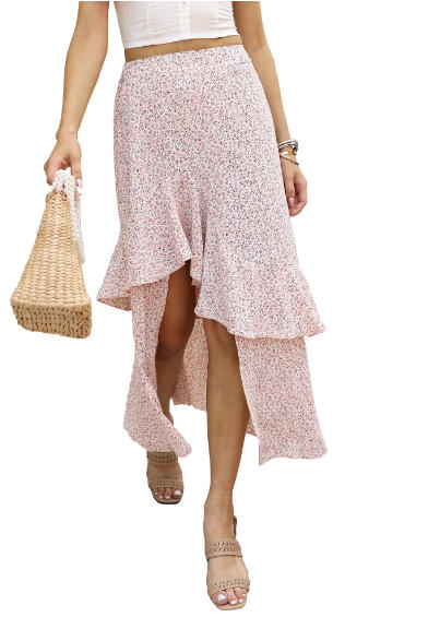 FreshPretty Women Summer Fall Boho Long Skirts Dress Floral Print Elastic Waist Split Ruffle High Low Beach Maxi Skirt