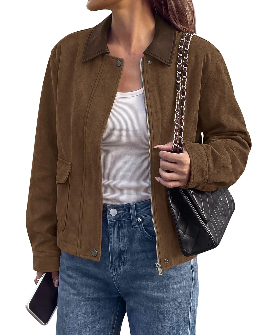 BTFBM Faux Suede Jacket Women Leather Lapel Zip Up Fall Outfits Button Down Long Sleeve Outerwear With Flap Pockets, Early Winter Coats, Motorcycle Jackets, Western Country Concert Outfits