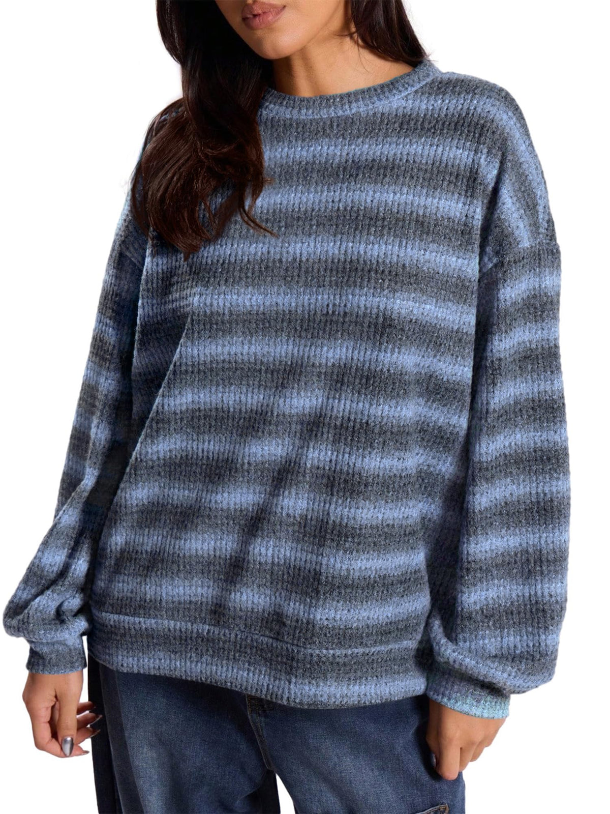 FreshPretty Striped Waffle Knit Tops for Women Lightweight Pullover Sweaters,Womens Fall Outfits,Basic Casual Crew Neck Long Sleeve Top,Trendy Loose Blouses Daily Wear,Winter Layering Clothes