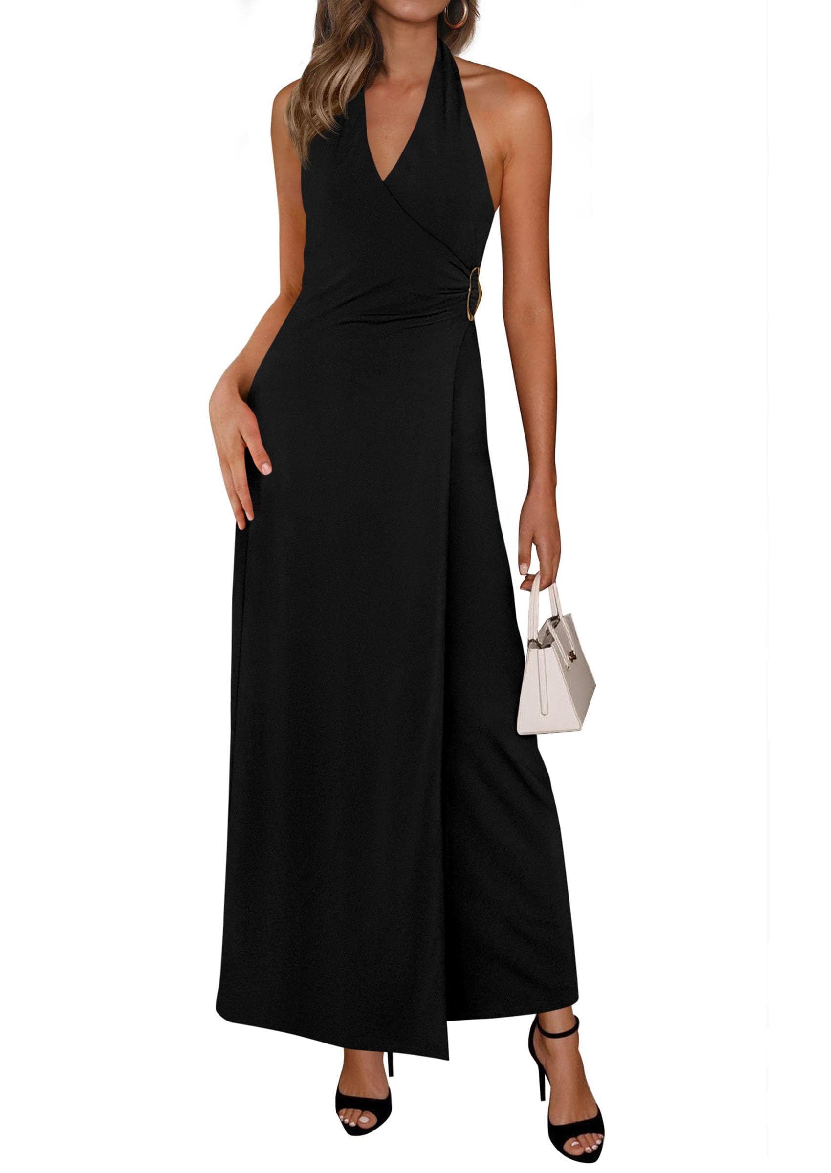 PRETTYGARDEN Holiday Cocktail Dresses for Women Summer Elegant V Neck Halter Backless Wedding Guest Party Midi Dress