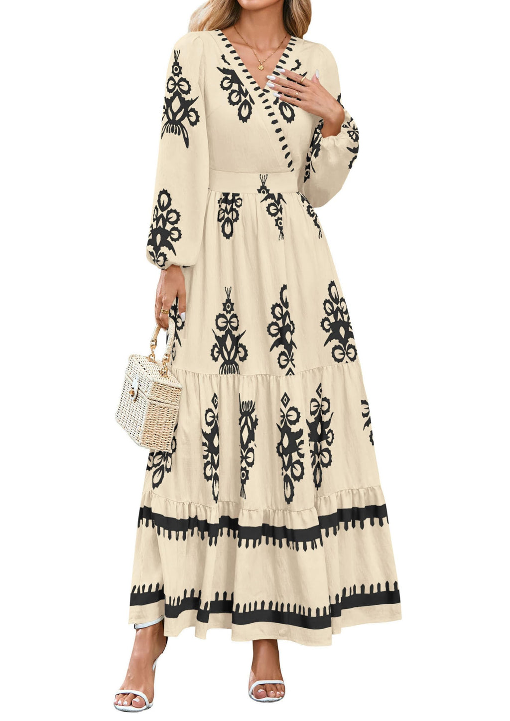 PRETTYGARDEN Women's Fall Wedding Guest Dresses Boho Floral Long Sleeve V Neck Flowy Elegant Maxi Dress Beach Clothes