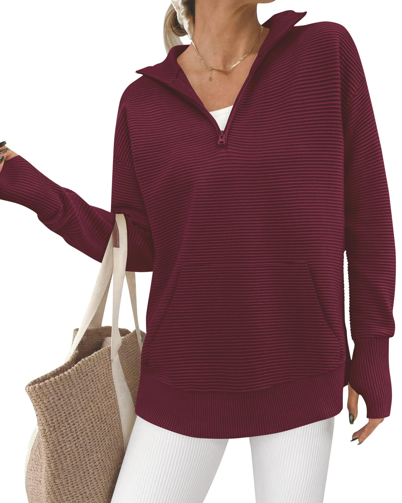 BTFBM Sweaters for Women Fall Clothes Pocket Quarter Zip Pullover V Neck Long Sleeve Knit Trendy Winter Sweater