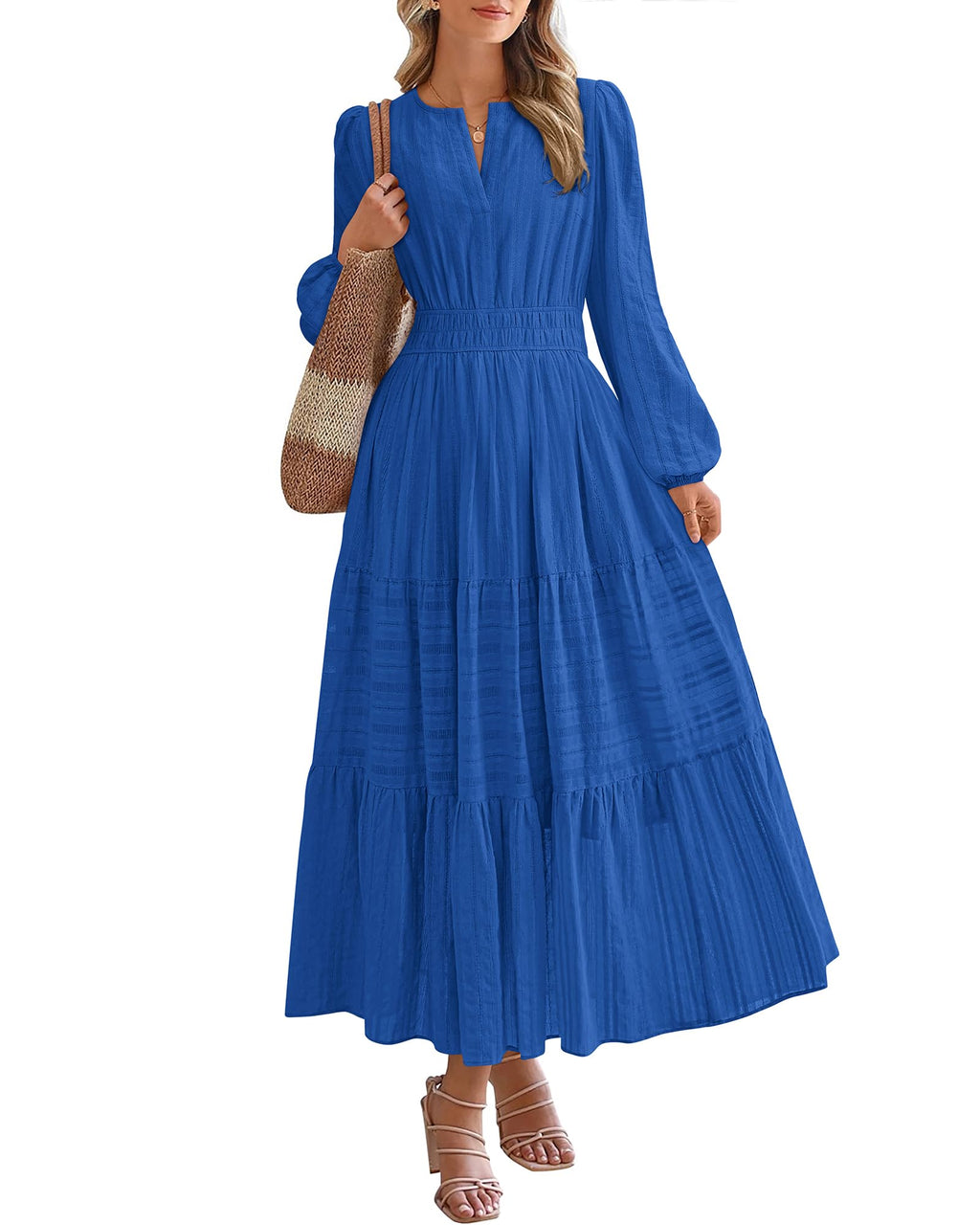 BTFBM Spring Dresses for Women 2026 Casual Long Sleeve V Neck Elastic Waist Lightweight Maxi Wedding Guest Dress Pockets