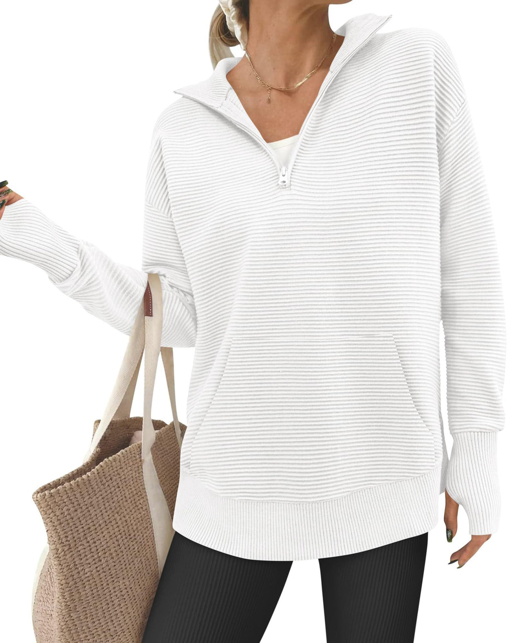 BTFBM Sweaters for Women Fall Clothes Pocket Quarter Zip Pullover V Neck Long Sleeve Knit Trendy Winter Sweater