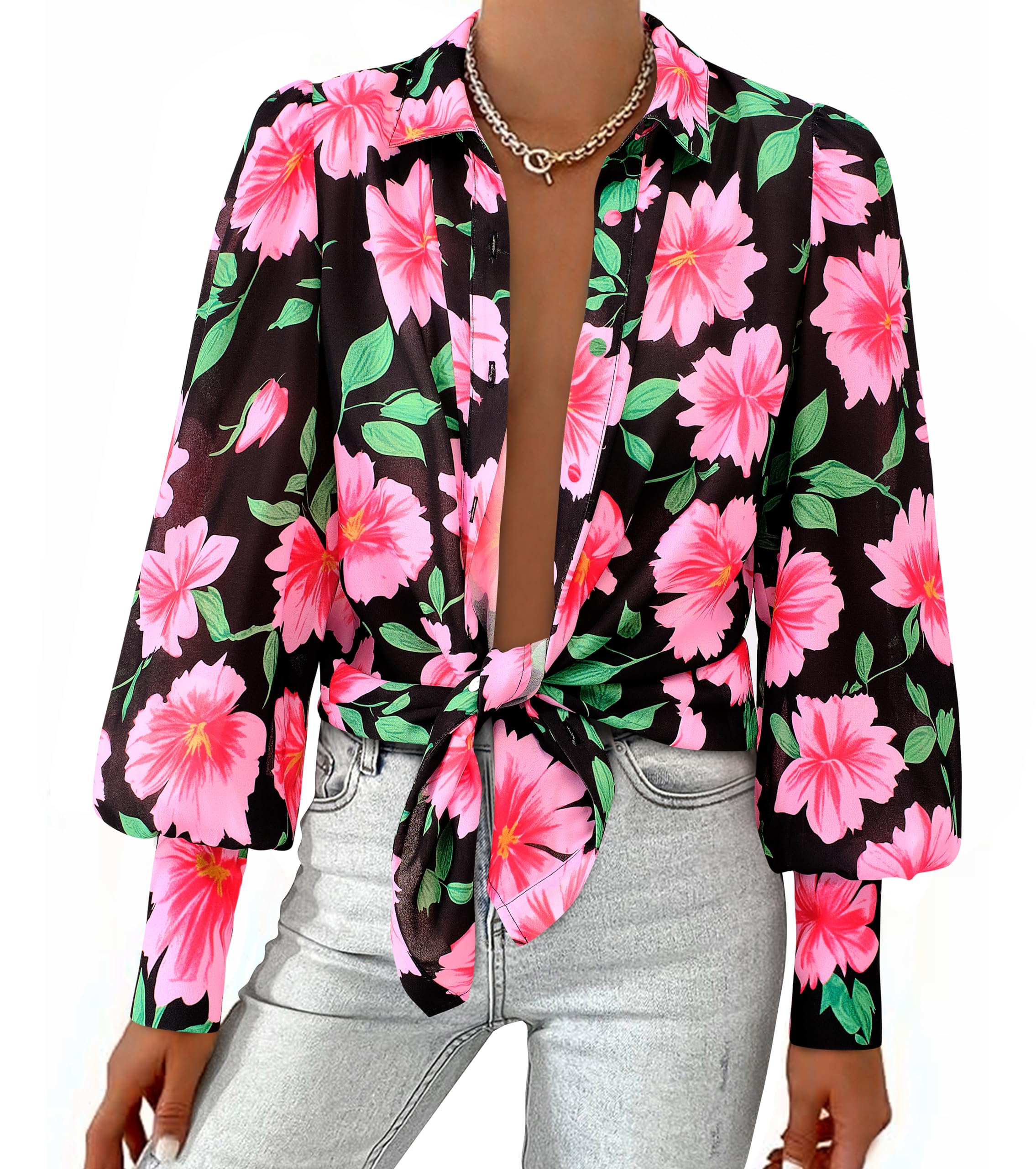 BTFBM Women Fashion Button Down Shirts V Neck Boho Printed Long Sleeve Blouses Dressy Casual Spring Fall Tops