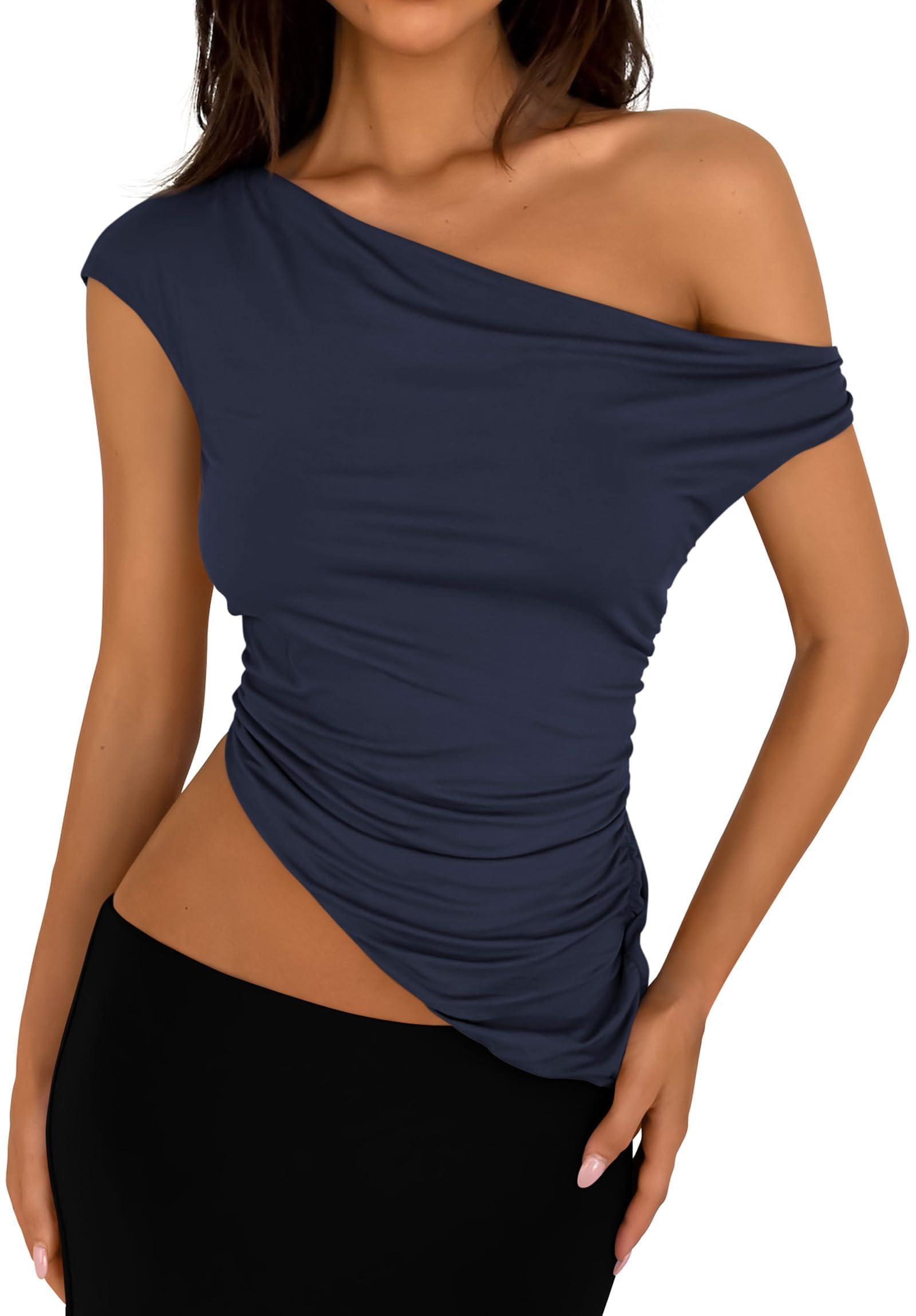 PRETTYGARDEN Womens Summer Off The Shoulder Crop Tops Sleeveless One Shoulder Ruched Asymmetrical Y2K Going Out Tank Top