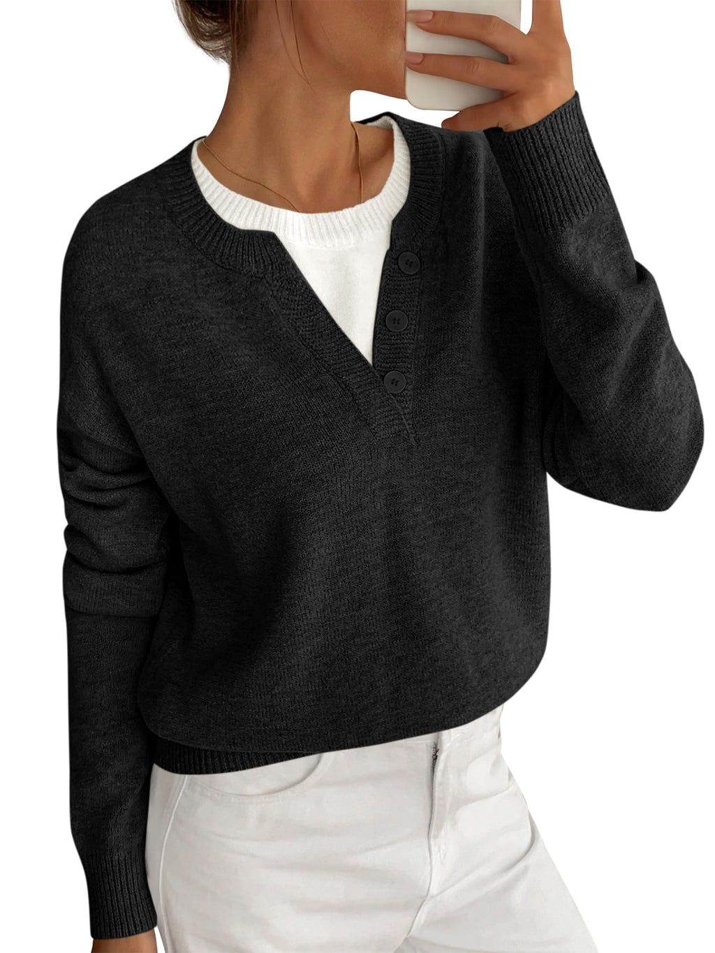 BTFBM Women Long Sleeve Crew Neck Sweaters Tops, 2 in1 Knitted Pullover, Deco Buttons, Oversized, Stretchy, Vacation, Business Casual Outfits, Fall Winter Trendy
