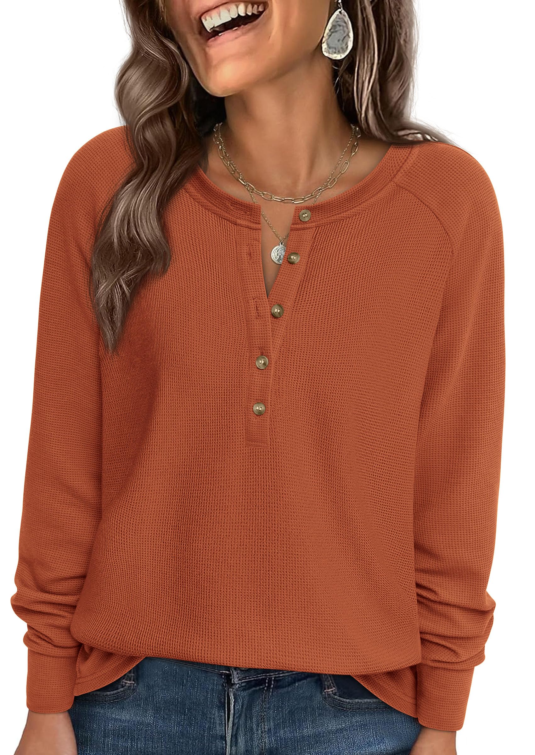 PRETTYGARDEN Women's Long Sleeve Waffle Knit Shirts Fall Casual Button Up Henley V Neck Tunic Tops Loose Fit Basic Tees
