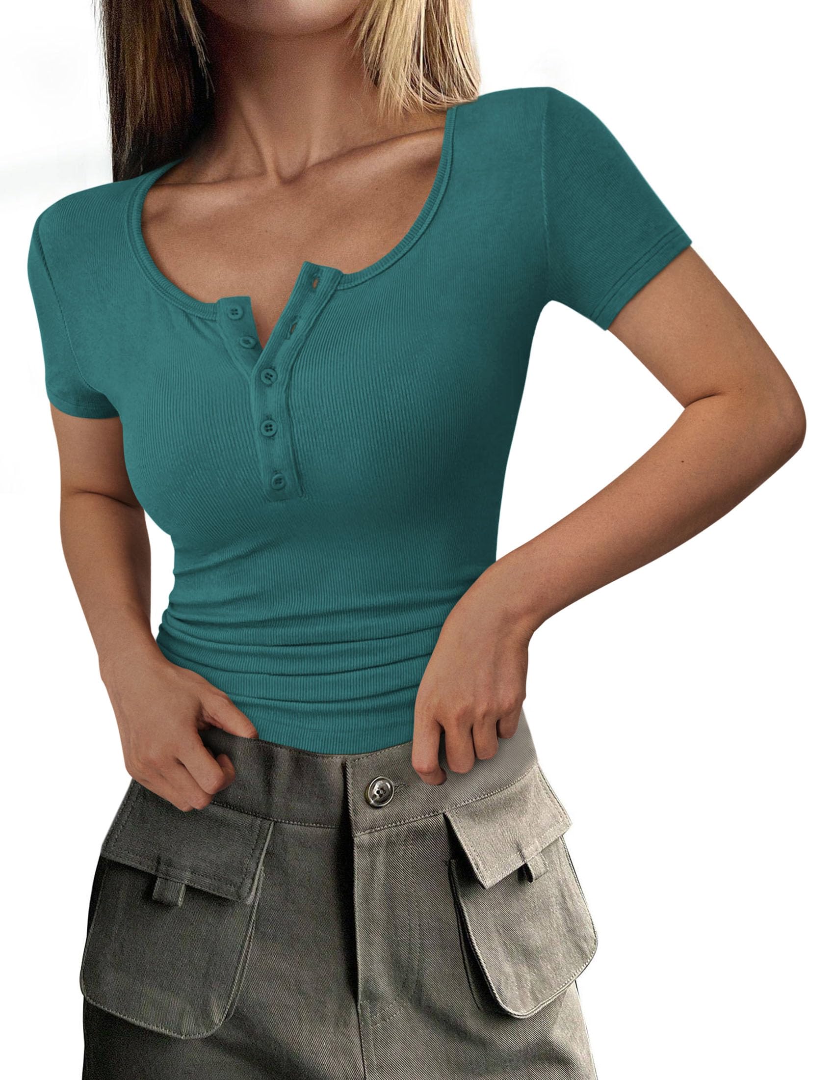 PRETTYGARDEN Women's  Fall Summer Short Sleeve Tops Ribbed Henley Button Slim Fit Basic Casual T Shirts Blouse Clothing