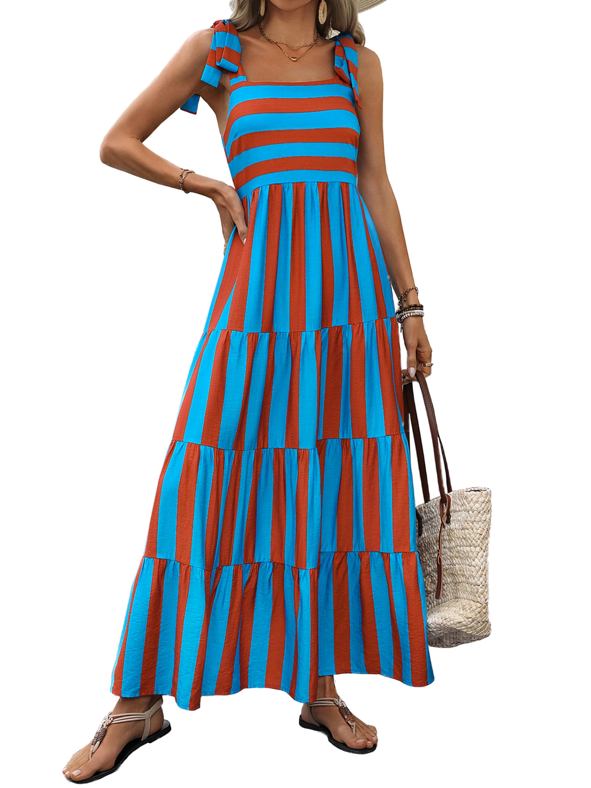 PRETTYGARDEN Women Dresses Summer Floral Sleeveless Maxi Dress Casual Spaghetti Strap Tiered Flowy Beach Long Dress