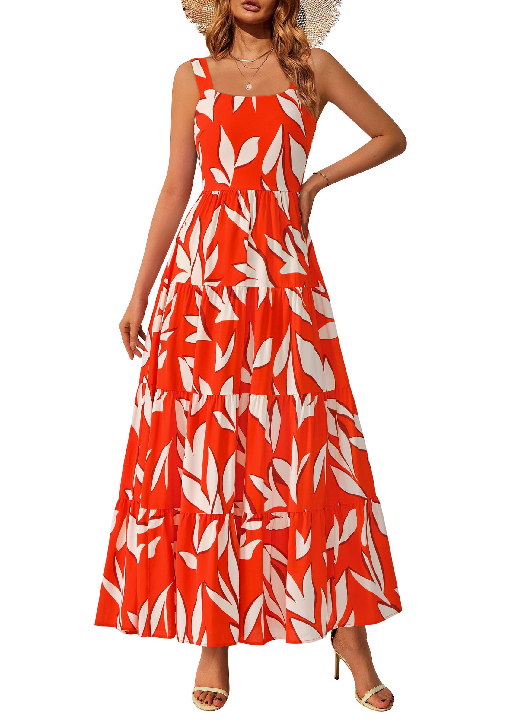 PRETTYGARDEN Women's Summer Floral Maxi Dress Sleeveless Smocked Ruffle Long Flowy Beach Vacation Boho Sundresses