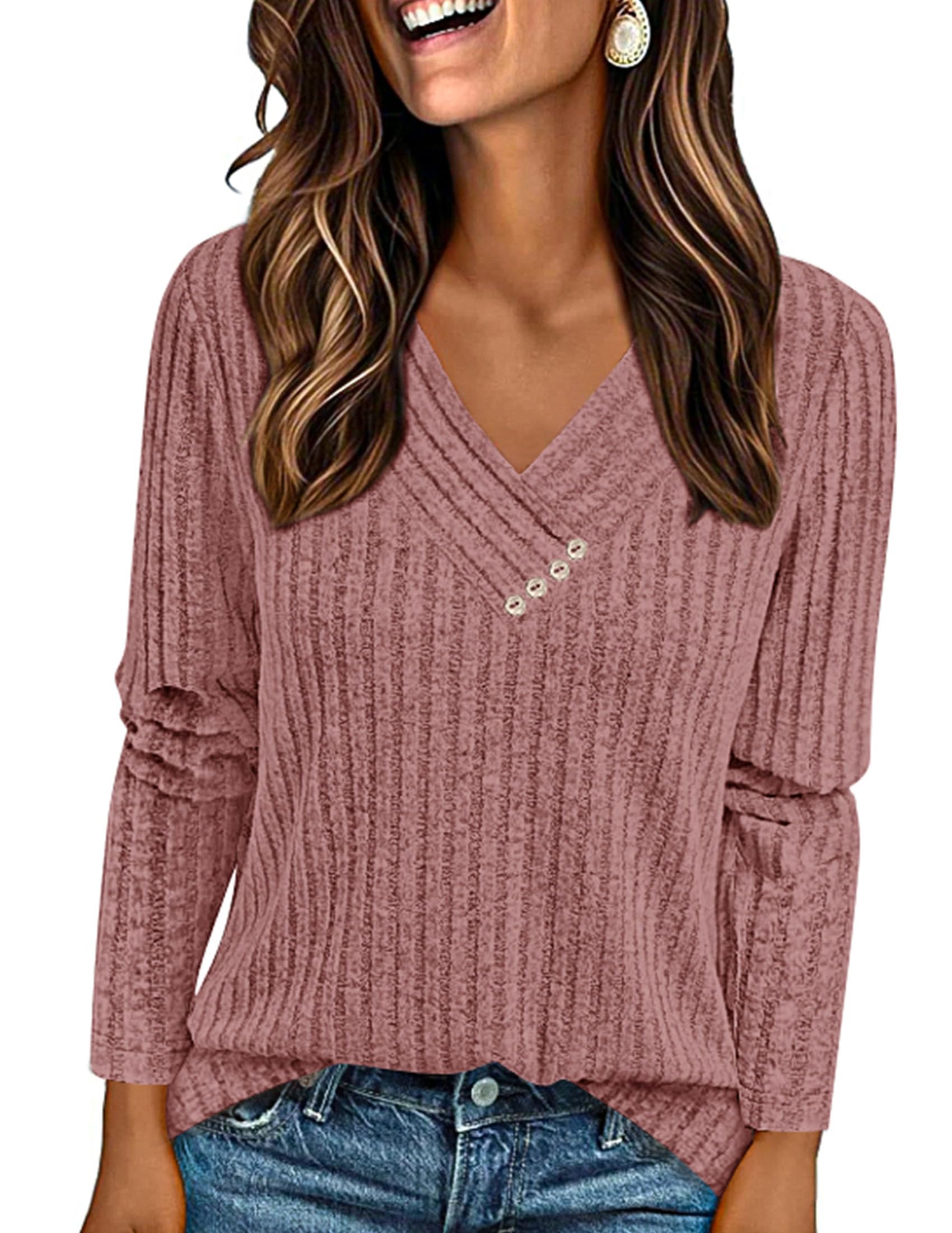 PRETTYGARDEN Women's Long Sleeve Shirts Fall Fashion Clothes Casual Ribbed V Neck Loose Tunic Tops Lightweight Sweaters