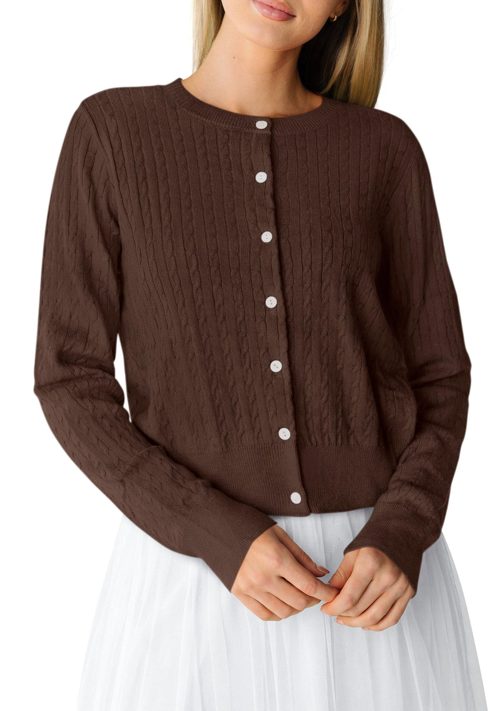 PRETTYGARDEN Women Lightweight Button Up Cardigan Sweaters | Soft Stretchy, Cozy Cable Knit, Long Sleeve Crew Neck, Trendy Cardigans, Cute Casual Outfits, Early Fall Fashion Clothing