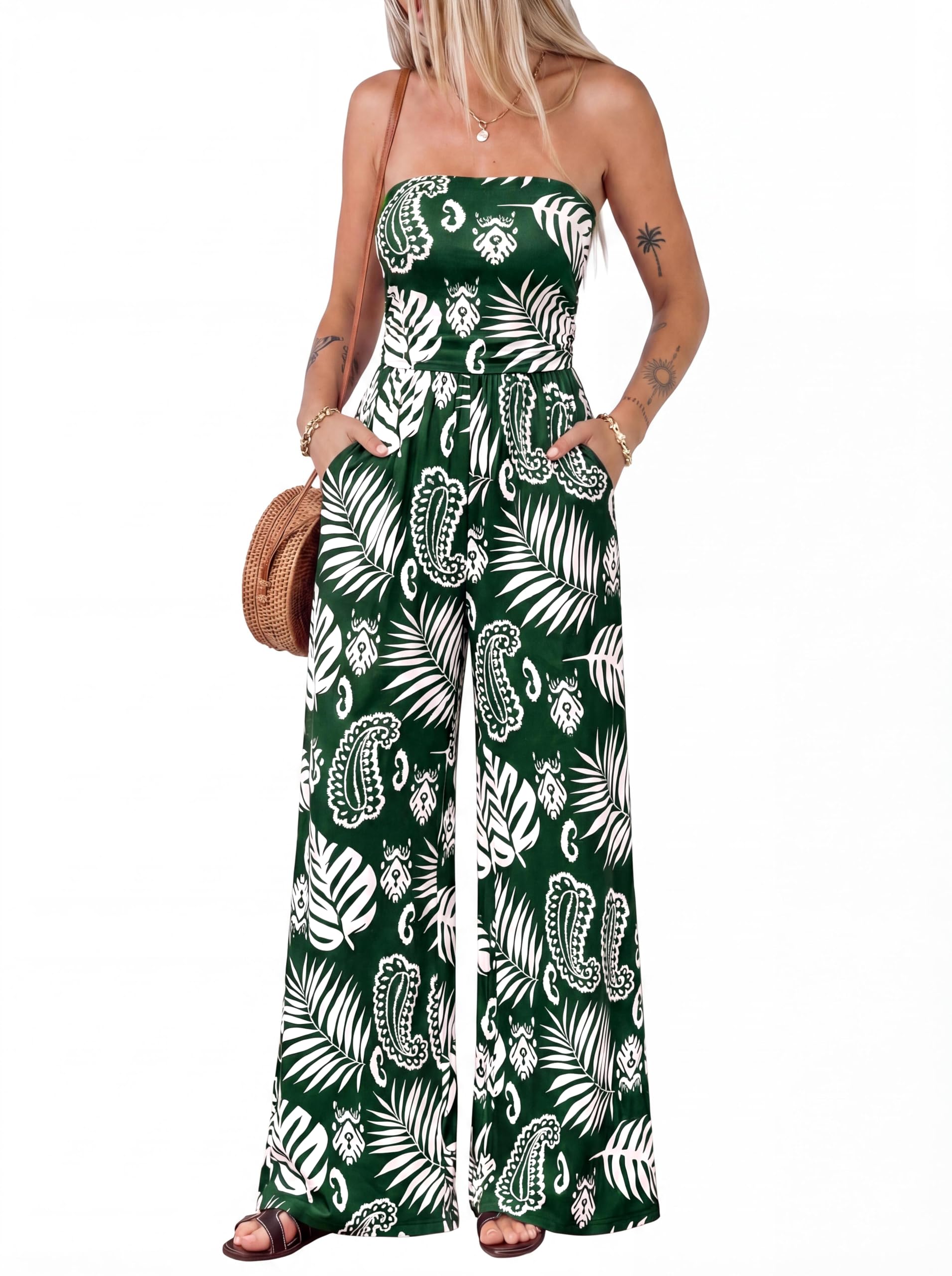 BTFBM Jumpsuits For Women Casual Floral Strapless Jumpsuit Wide Leg Rompers Beach Vacation Clothes Summer Outfits