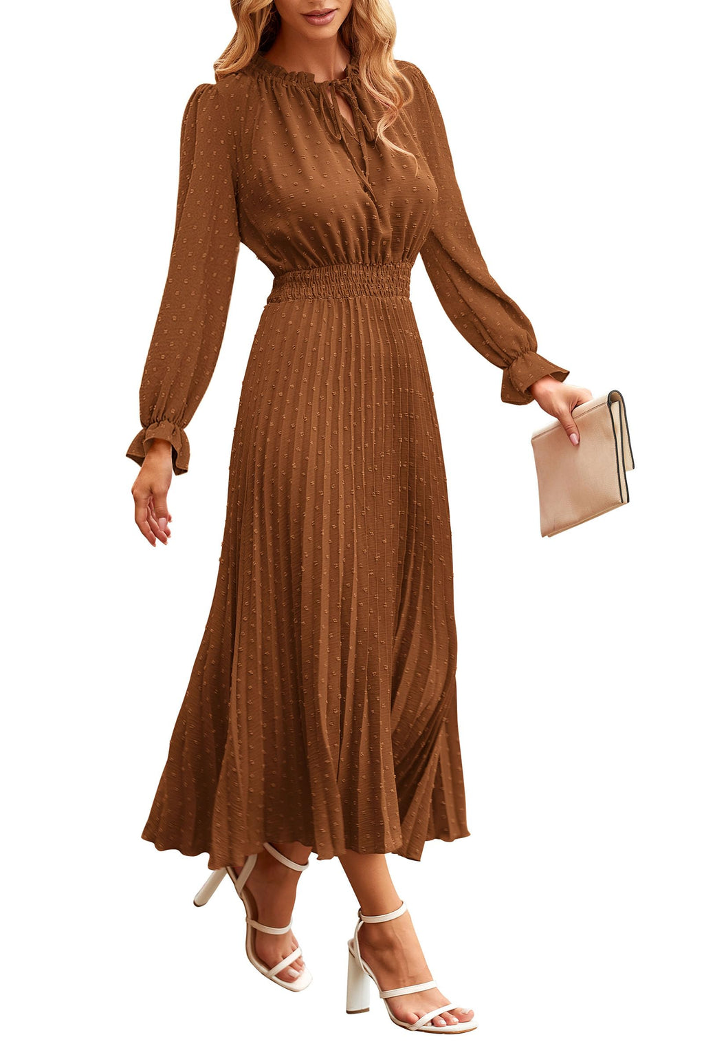 PRETTYGARDEN Women's Spring Fall Midi Dress Casual Long Sleeve V Neck Swiss Dot Pleated A Line Flowy Dresses