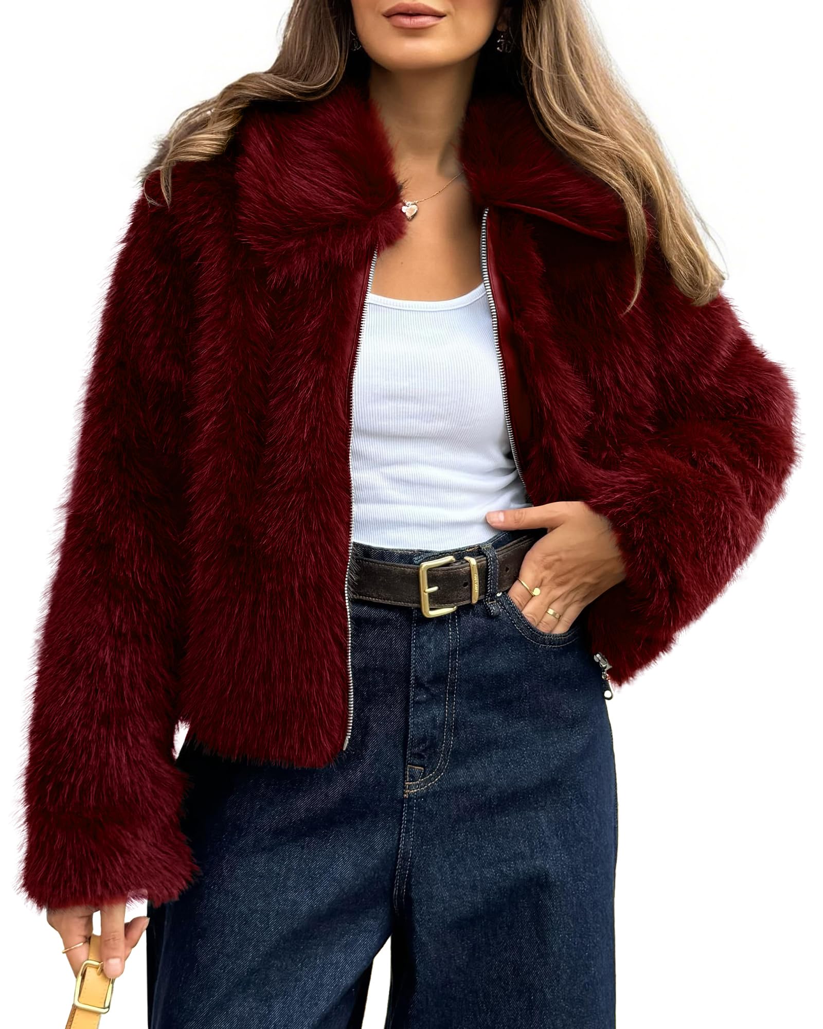 BTFBM Faux Fur Jacket Women Fluffy Winter Cropped Coats Zip Up Fuzzy Jackets Long Sleeve Furry Coat Fall Clothes