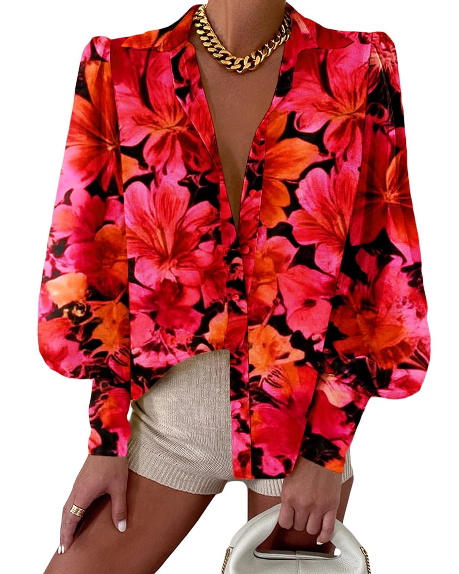 BTFBM Women Fashion Button Down Shirts V Neck Boho Printed Long Sleeve Blouses Dressy Casual Spring Fall Tops