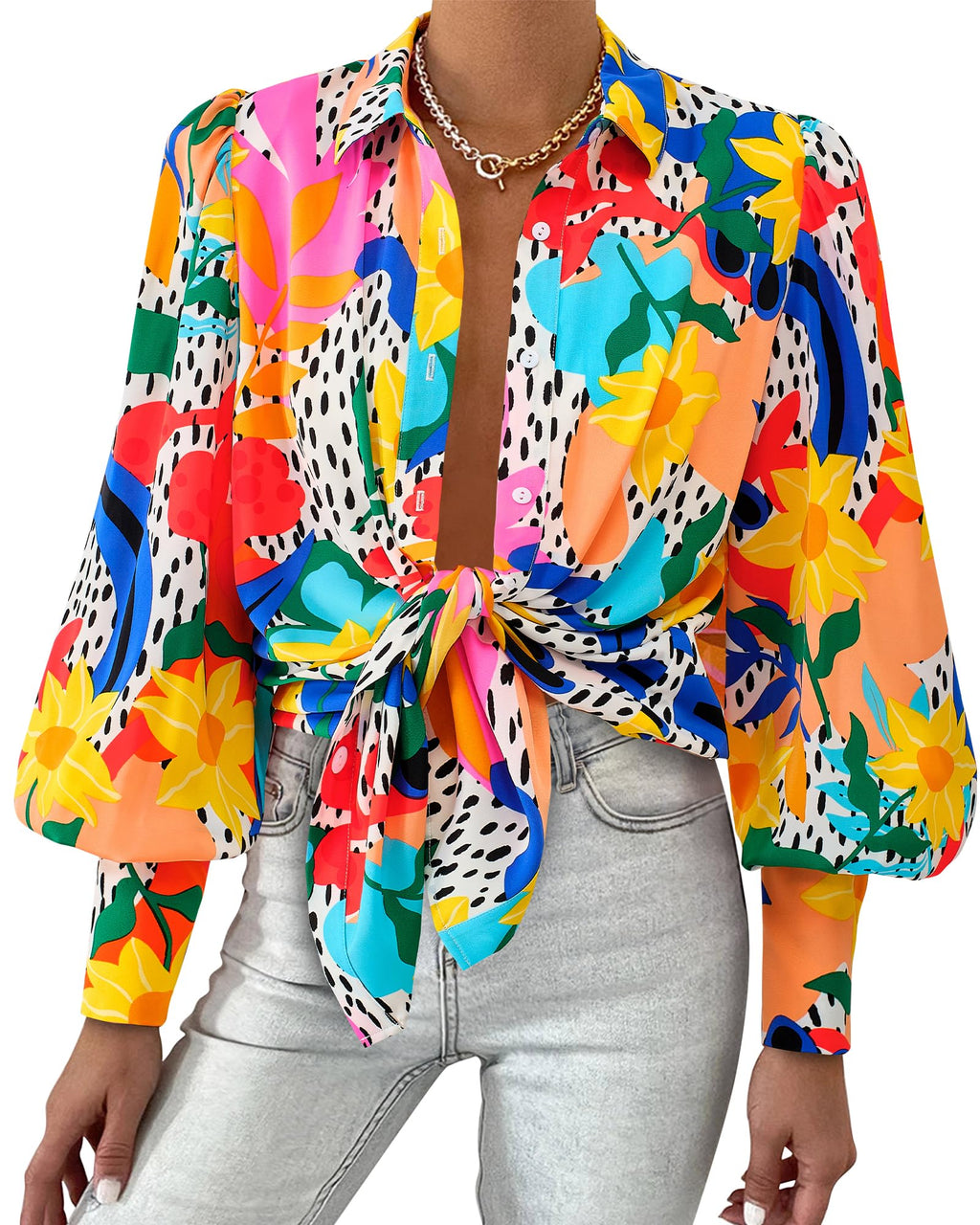 BTFBM Women Fashion Button Down Shirts V Neck Boho Printed Long Sleeve Blouses Dressy Casual Spring Fall Tops