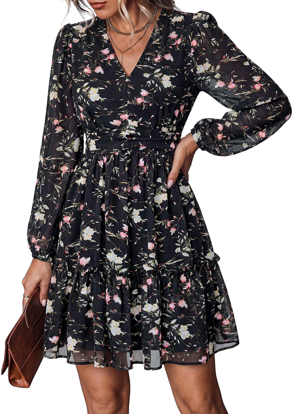 PRETTYGARDEN Women Floral Long Sleeve Mini Dress | Fall Wedding Guest Dresses, V Neck, Fit & Flare, Ruffle Hem A-Line, Short Chiffon Dress, Elegant Holiday Party, Date Outfits