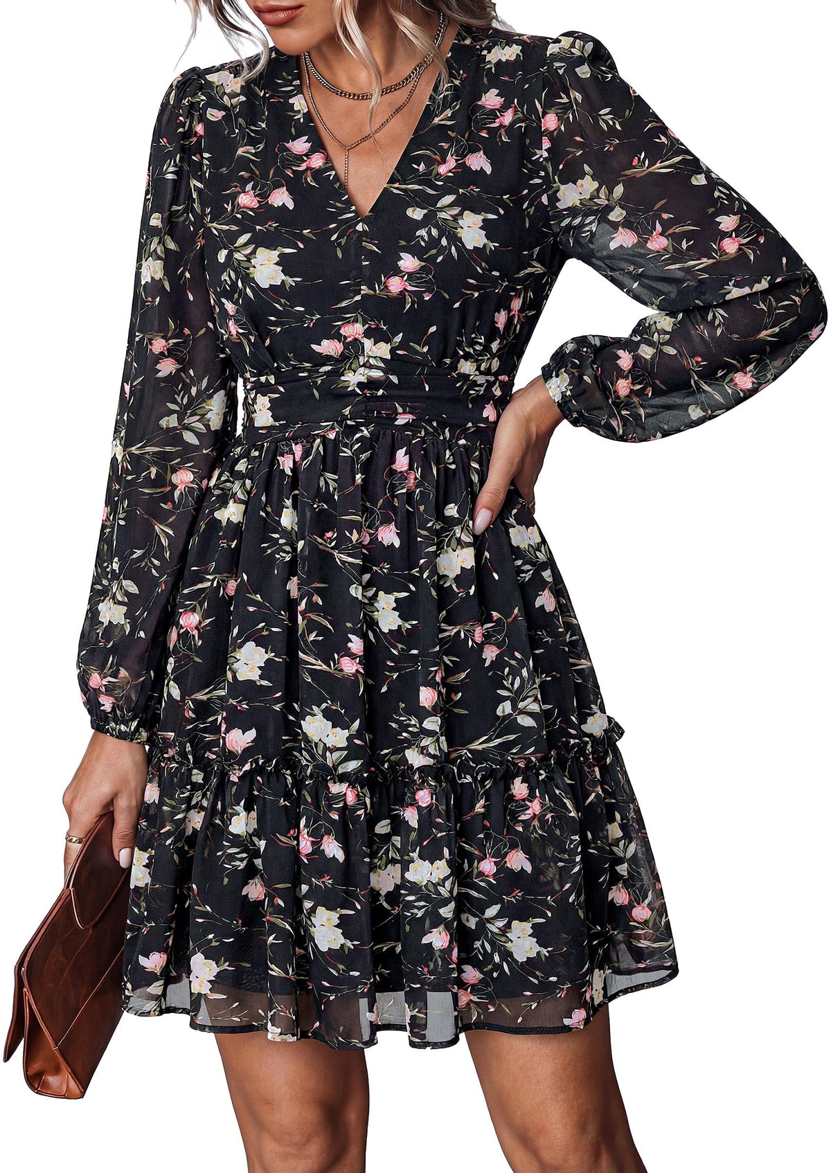 PRETTYGARDEN Women Floral Long Sleeve Mini Dress | Fall Wedding Guest Dresses, V Neck, Fit & Flare, Ruffle Hem A-Line, Short Chiffon Dress, Elegant Holiday Party, Date Outfits