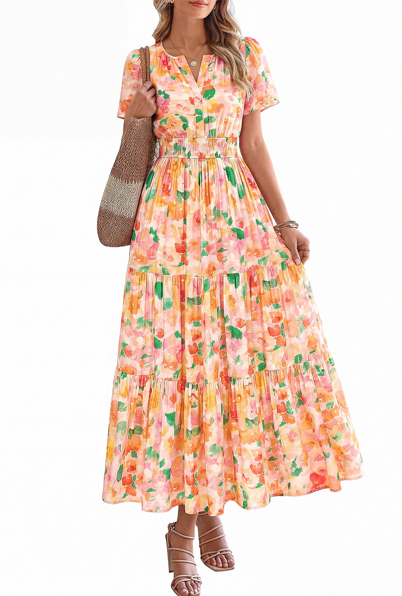 BTFBM Womens Summer Floral Maxi Dresses V Neck Short Sleeve Boho Casual Flowy Long Wedding Guest Dress Beach Vacation