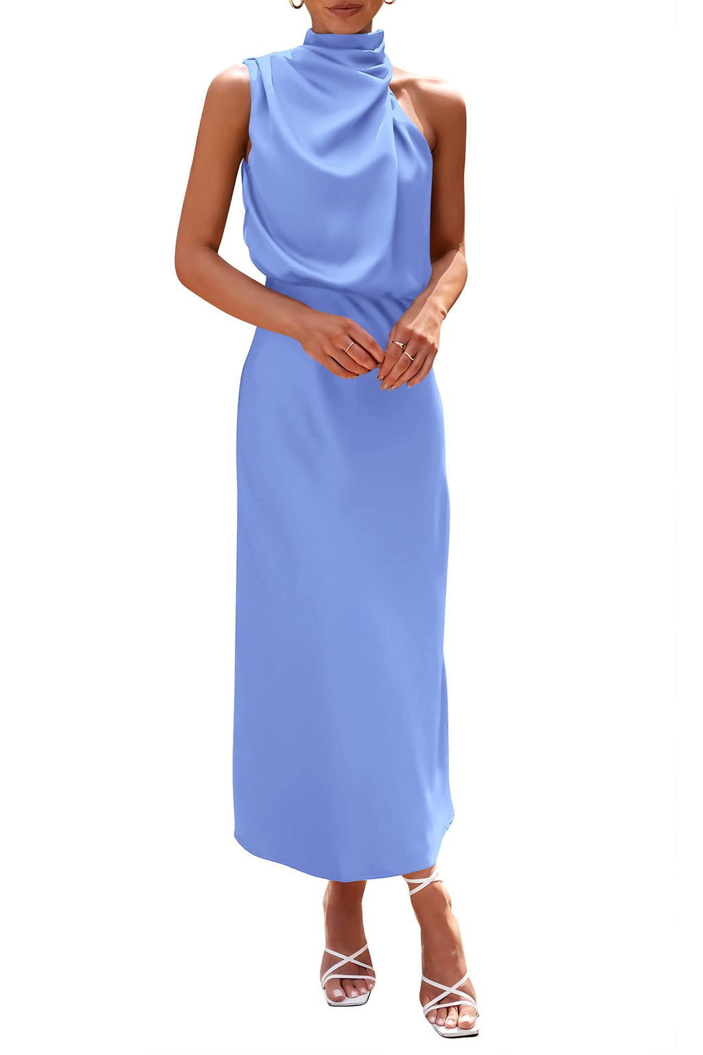 PRETTYGARDEN Women's Summer Satin Dress Elegant Sleeveless Mock Neck Cocktail Party Maxi Dresses