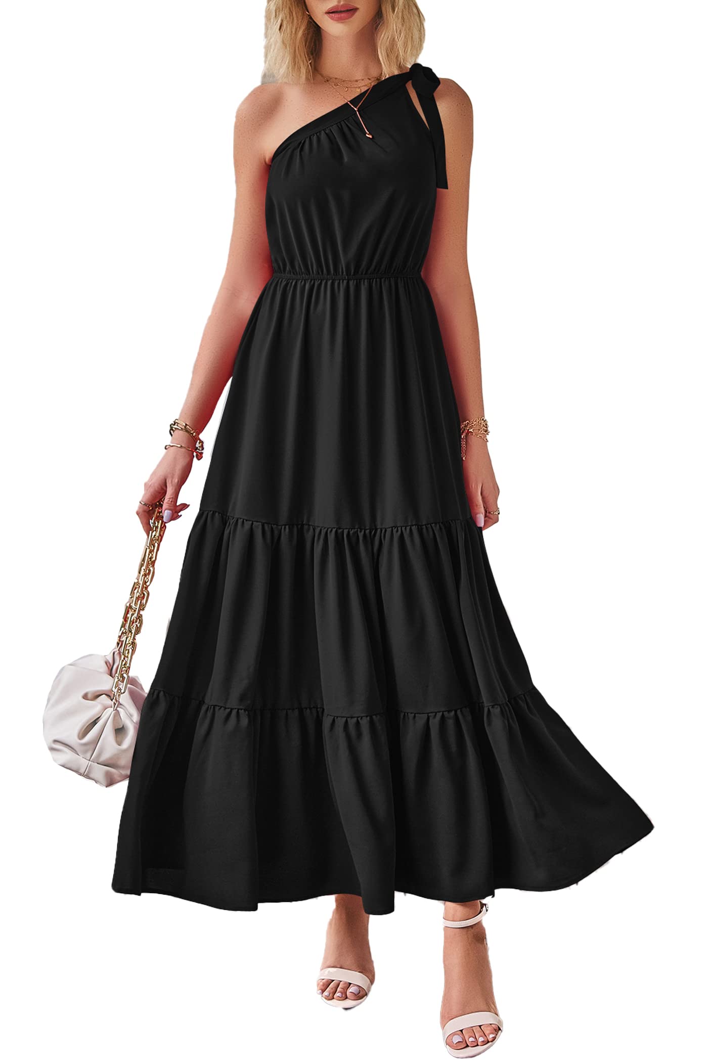 PRETTYGARDEN Women's Summer Floral One Shoulder Maxi Dress Knot Ruffle Boho Beach Vacation Wedding Guest Long Sun Dresses
