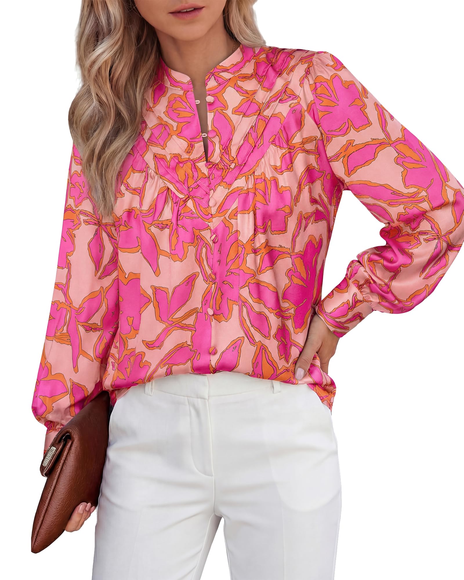 BTFBM Womens Tops Dressy Casual Spring Boho Floral V Neck Long Sleeve Half Button Down Shirt Work Business Blouses
