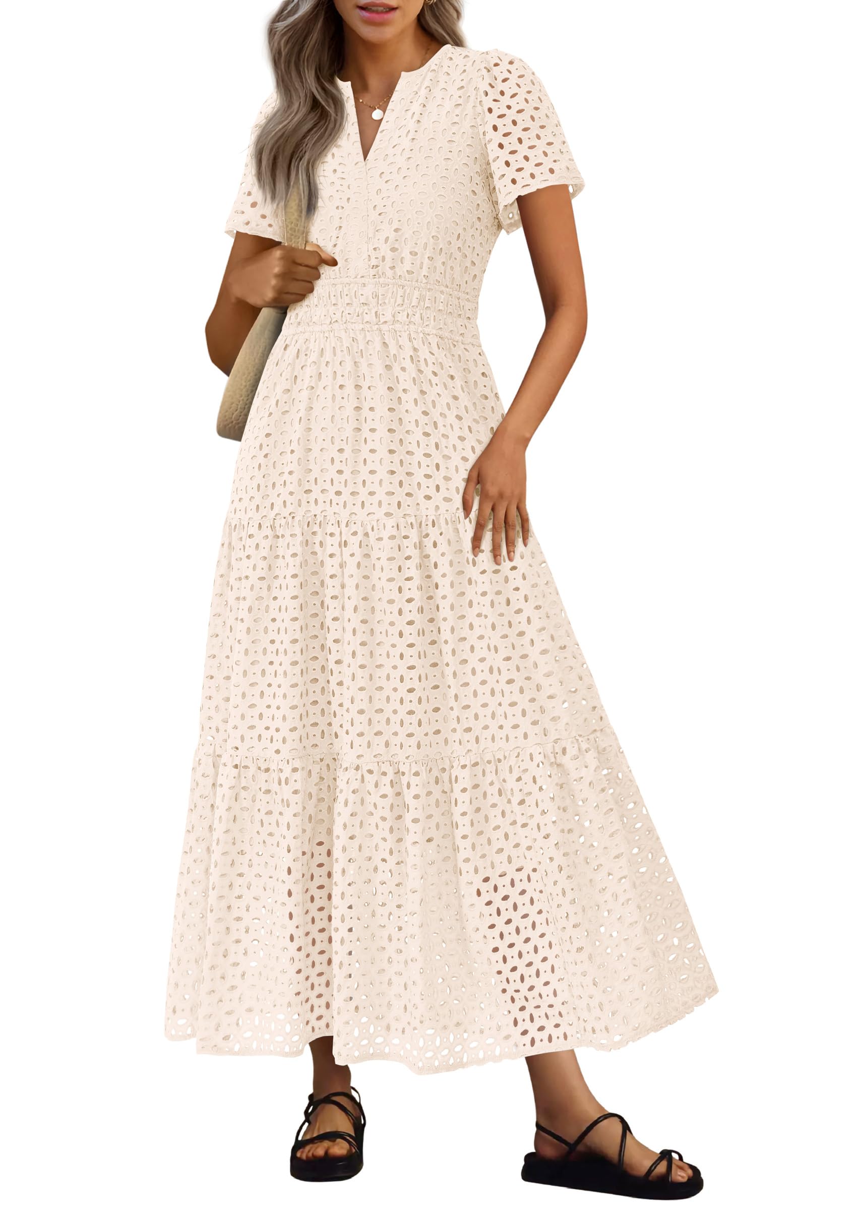 PRETTYGARDEN Womens Summer Maxi Dress Short Sleeve V Neck Hollow Out Eyelet A Line Long Flowy Beach Vacation Dresses