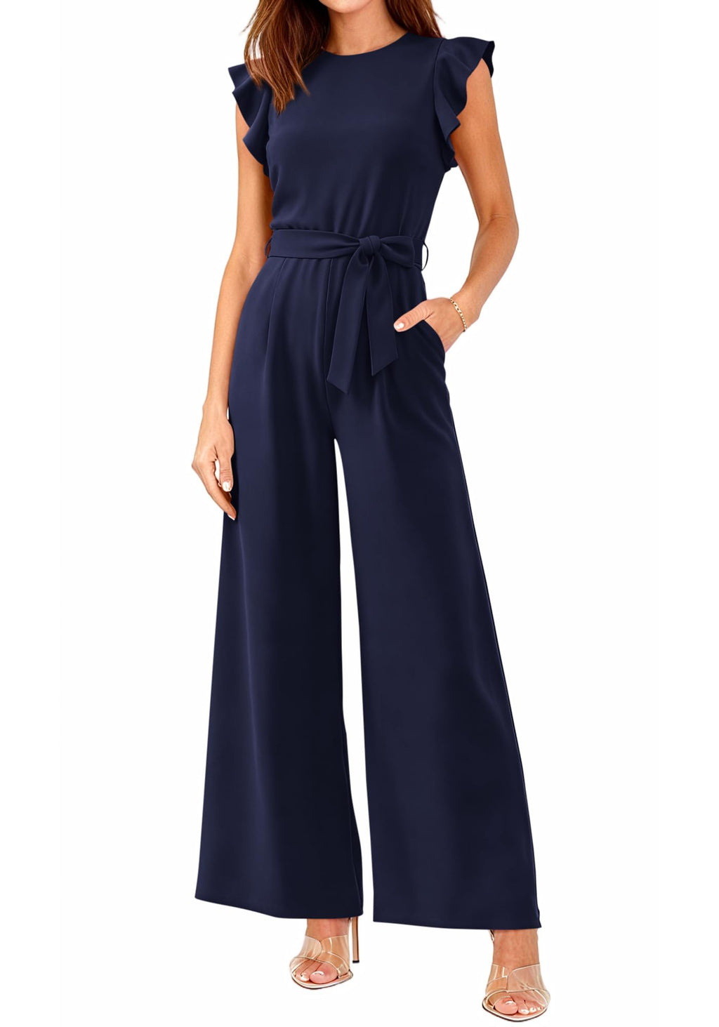 BTFBM Jumpsuits For Women Crew Neck Dressy Cap Sleeve Belted High Waist Wide Leg Romper One Piece Casual Outfits Pockets