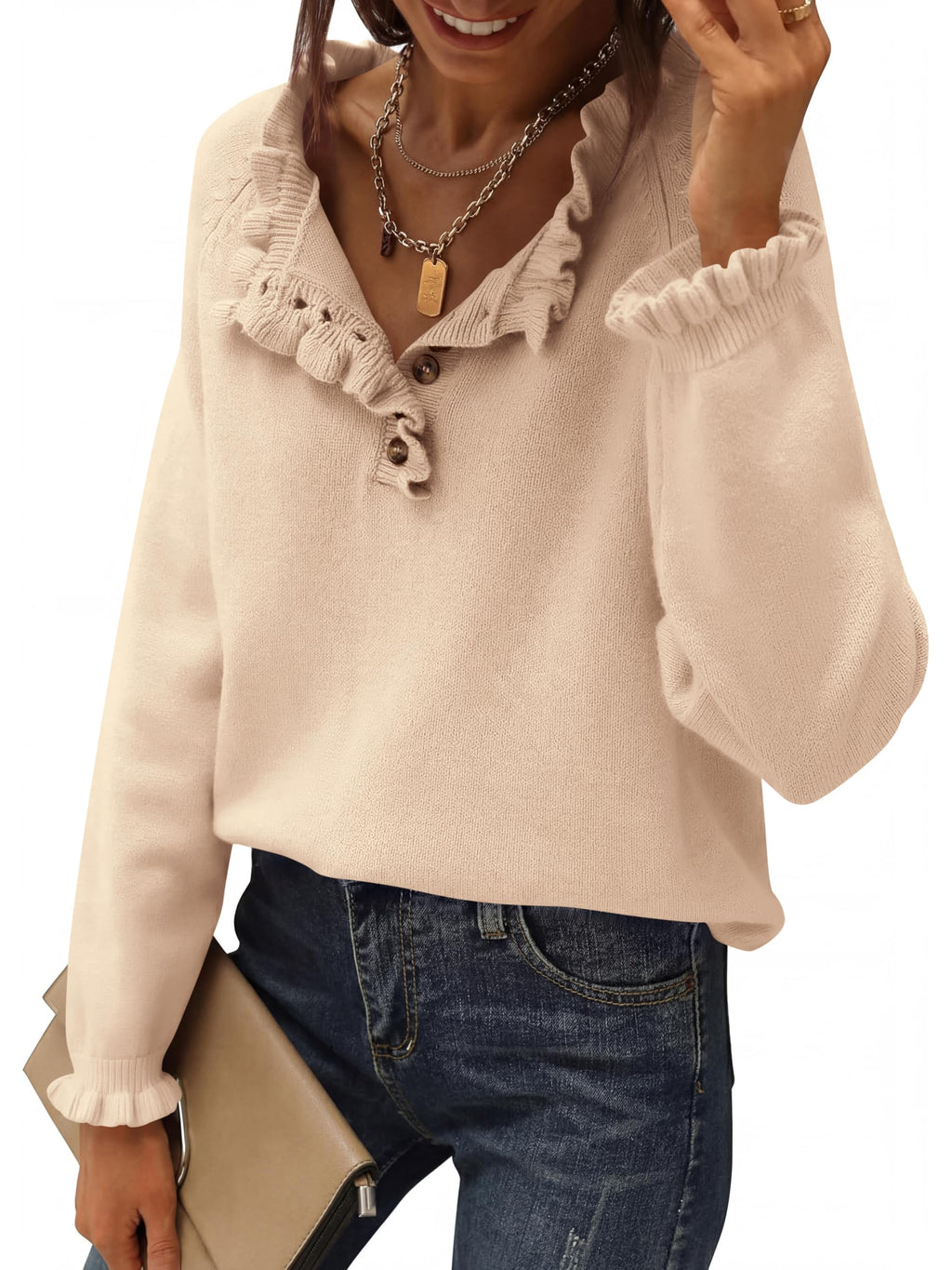 BTFBM Womens Sweaters Fall Winter Clothes Long Sleeve Button Down Ruffle Crew Neck Casual Knitted Pullover Tops