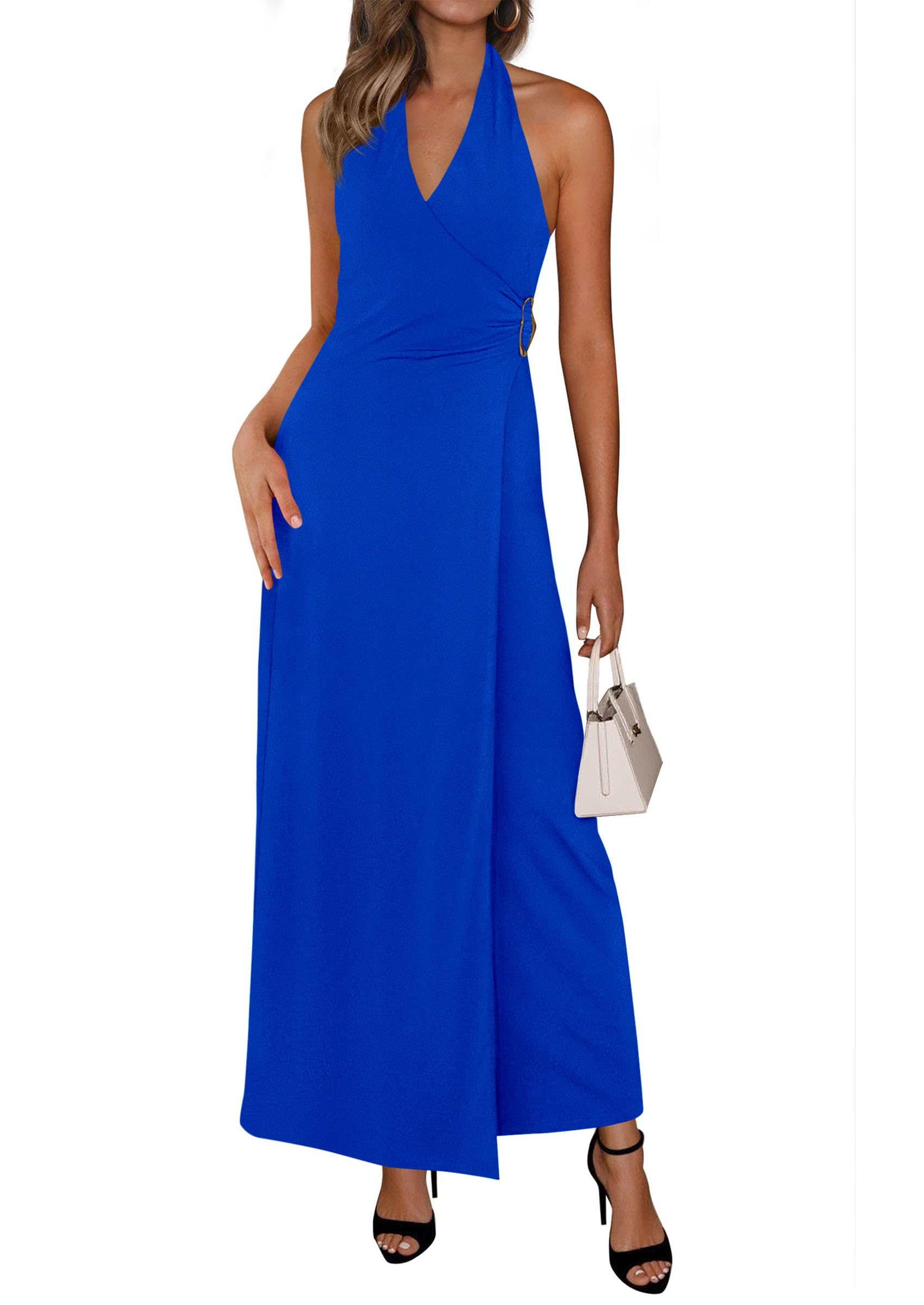 PRETTYGARDEN Holiday Cocktail Dresses for Women Summer Elegant V Neck Halter Backless Wedding Guest Party Midi Dress