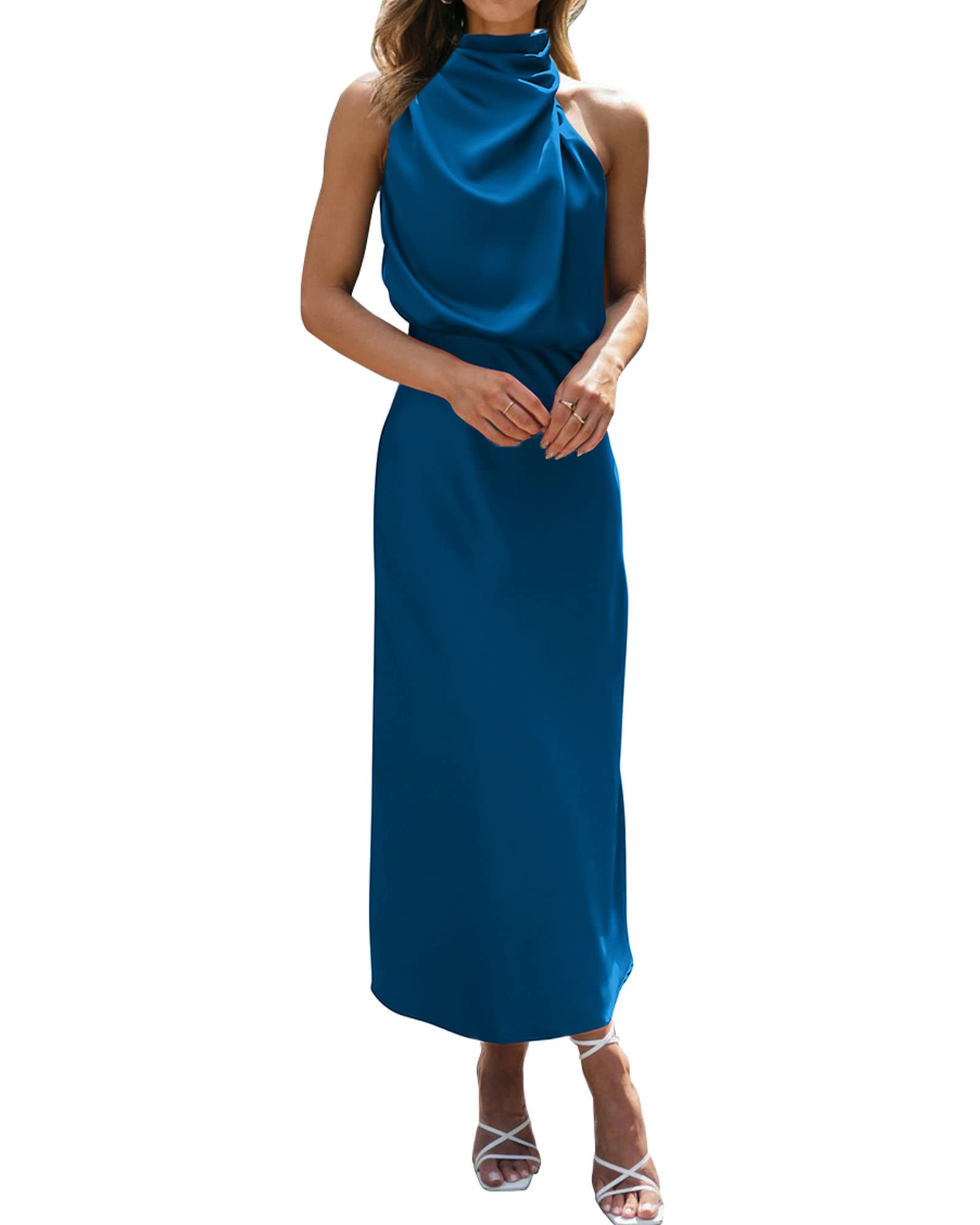BTFBM Cocktail Dresses for Women Summer Satin Silk Sleeveless Mock Neck Maxi Wedding Guest Dress Spring Outfits