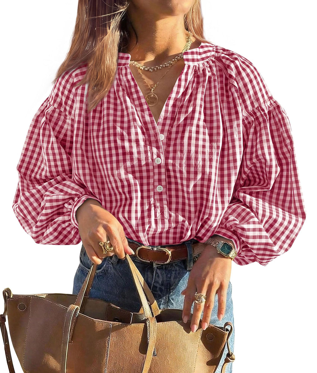 PRETTYGARDEN Women Fall Plaid Long Puff Sleeve Shirts V Neck Casual Blouses Gingham Button Down Oversized, Pleated Drop Shoulder Cotton Tops, Dressy Casual, Work Vacation Travel, Fall Outfits Trendy