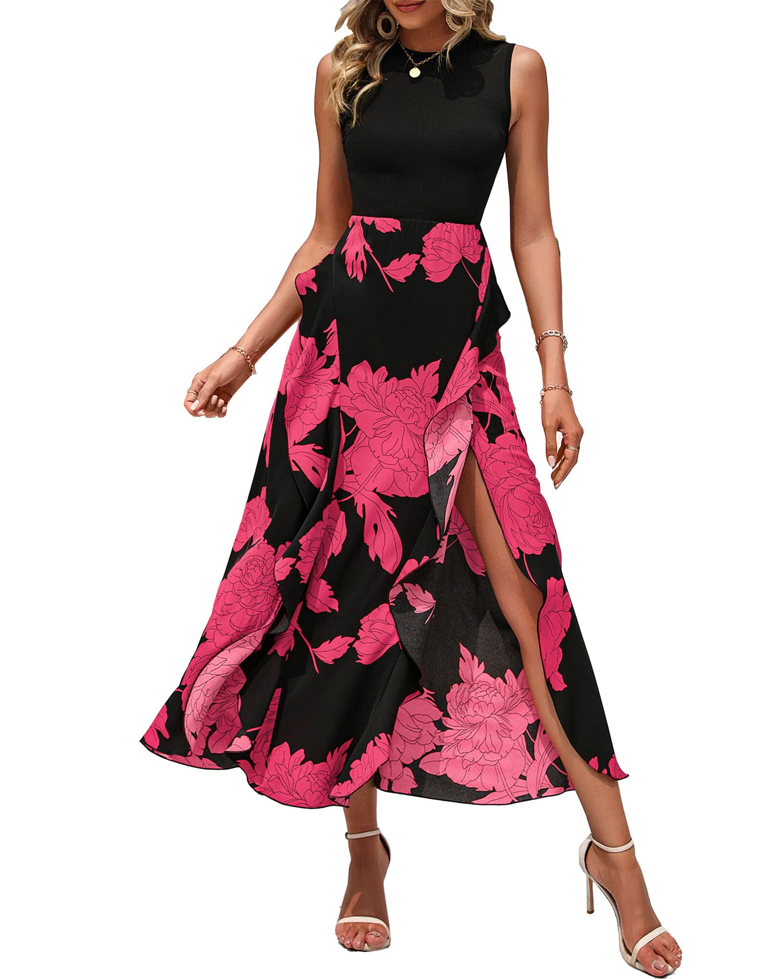 FreshPretty Women Casual Sleeveless Summer Dresses Spring Crewneck Patchwork Boho Floral Ruffle Cocktail Party Midi Dress