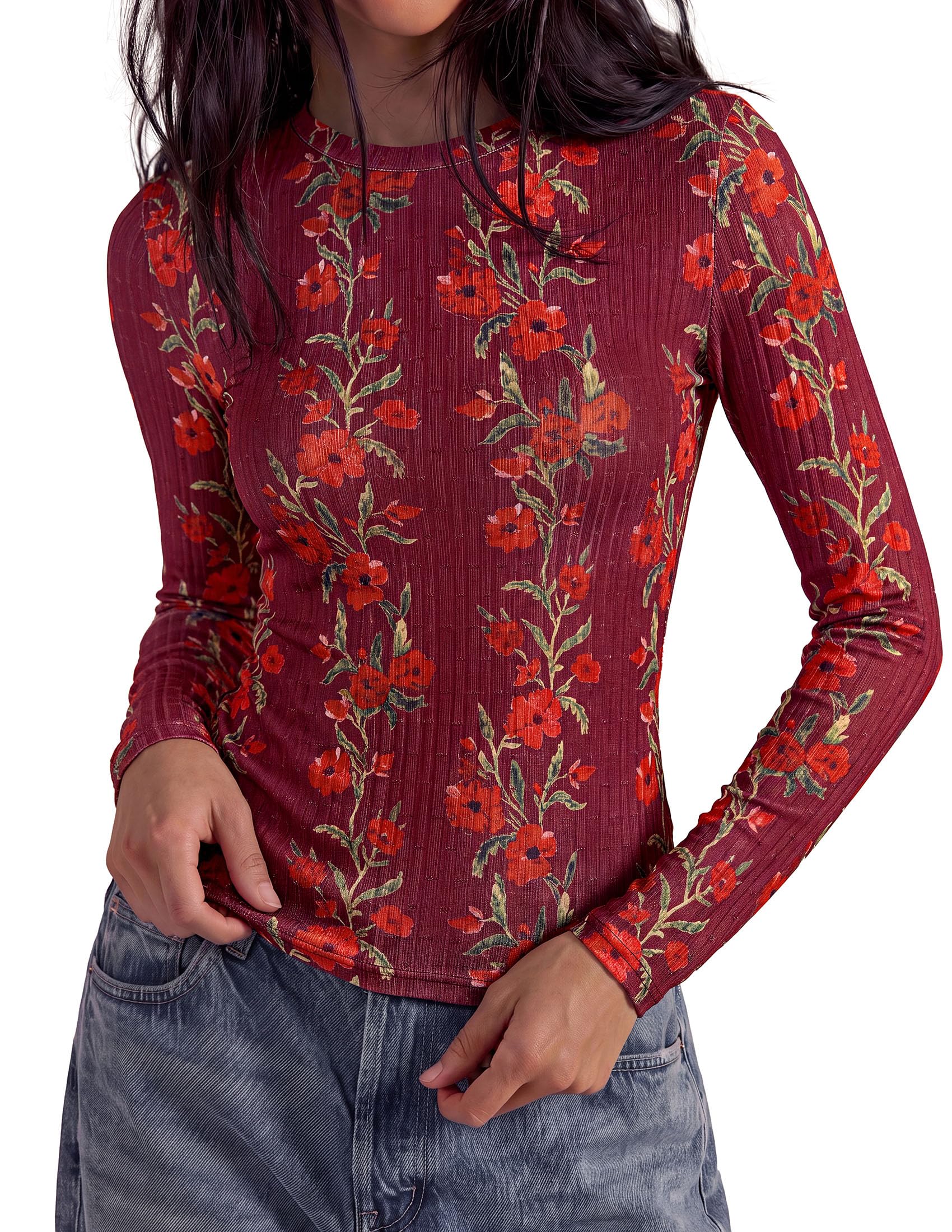 PRETTYGARDEN Womens Long Sleeve Shirts Floral Y2K Tops Soft Lightweight Ribbed Knit Top,Fitted Waist,Crew Neck Slim Fit,Going Out Vacation Outfits,Layering Fall Winter Clothes