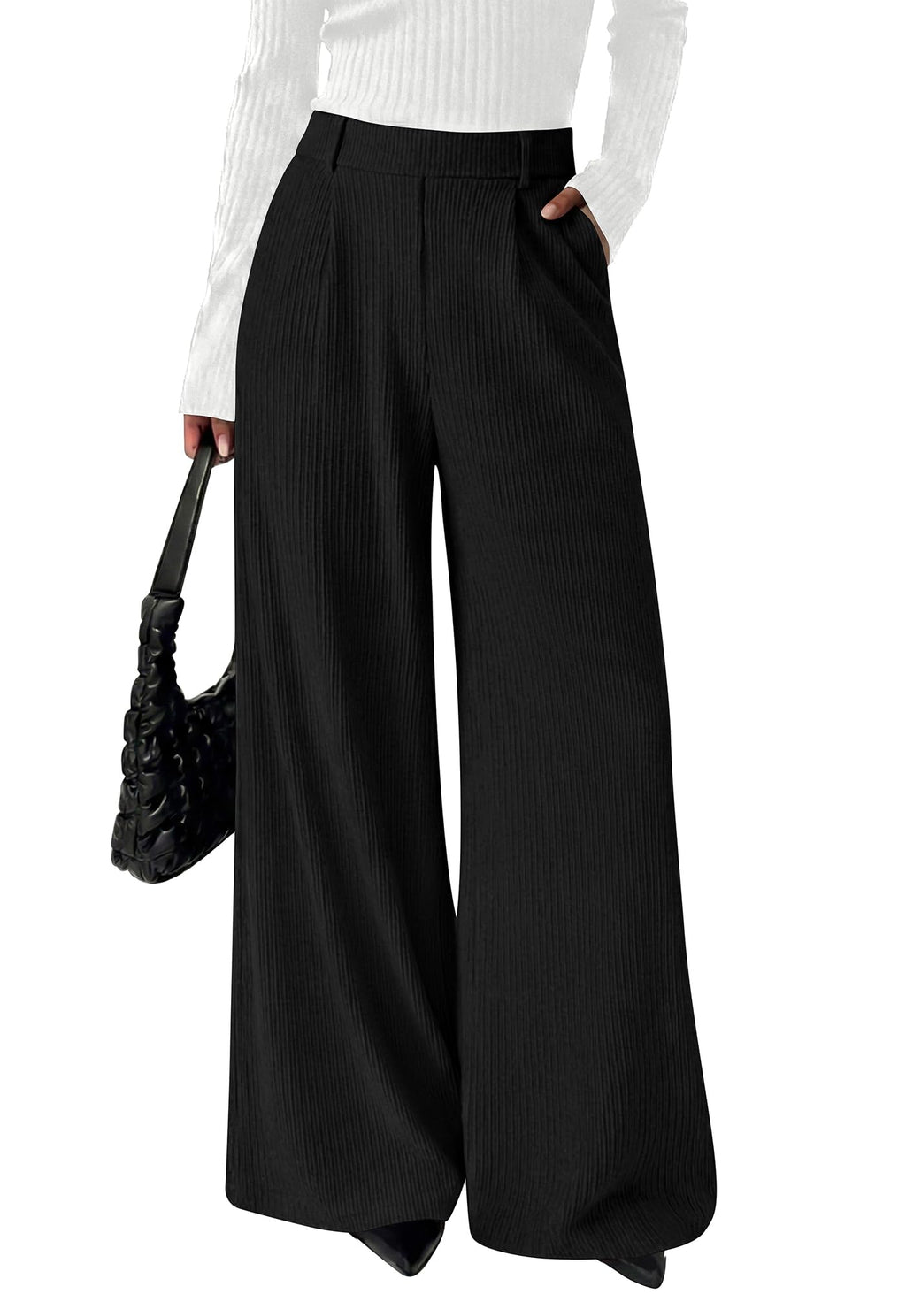 BTFBM Wide Leg Pants for Women Dressy Work Business Casual Elastic High Waisted Trousers Ribbed Lounge Palazzo Pants