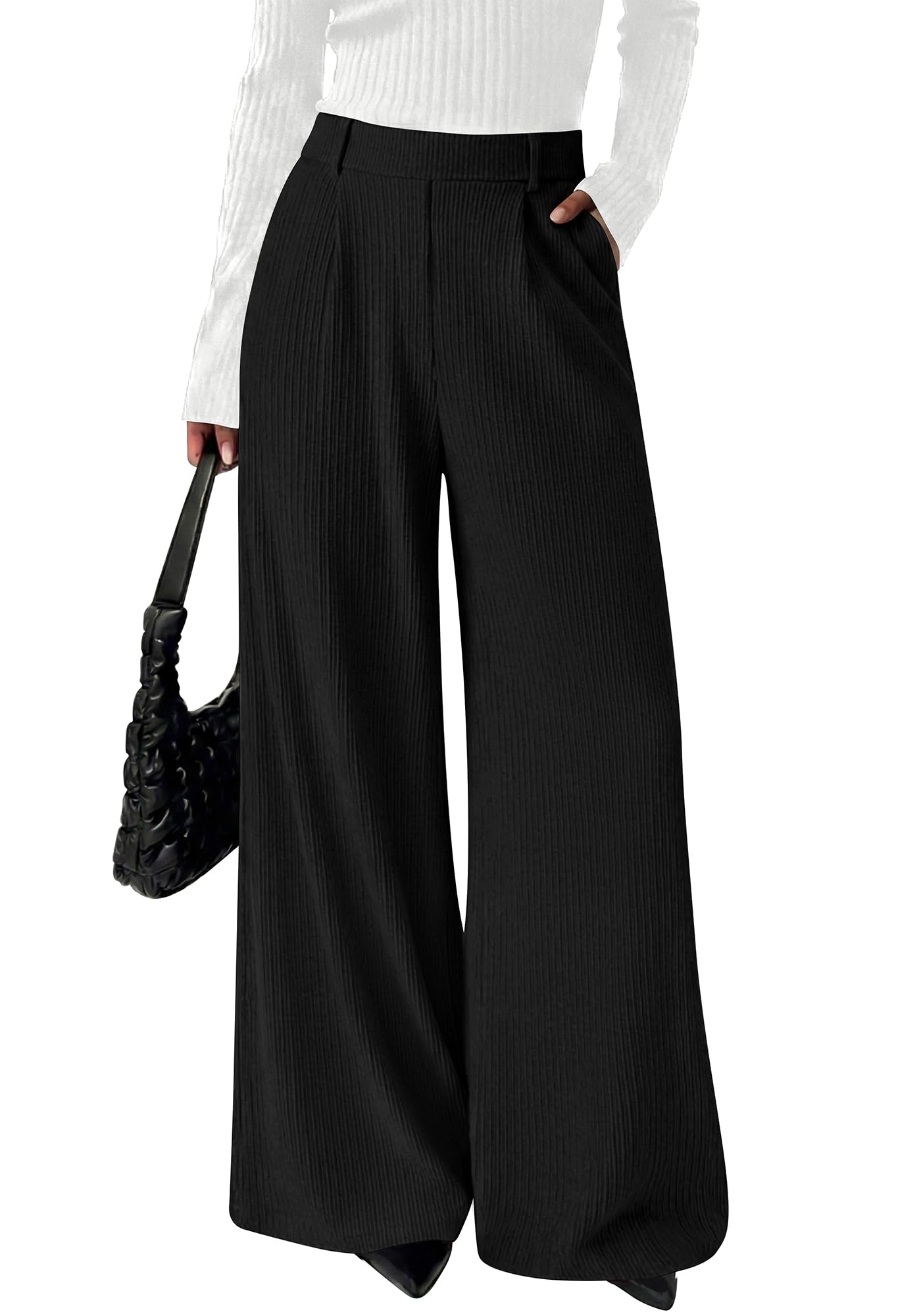 BTFBM Wide Leg Pants for Women Dressy Work Business Casual Elastic High Waisted Trousers Ribbed Lounge Palazzo Pants
