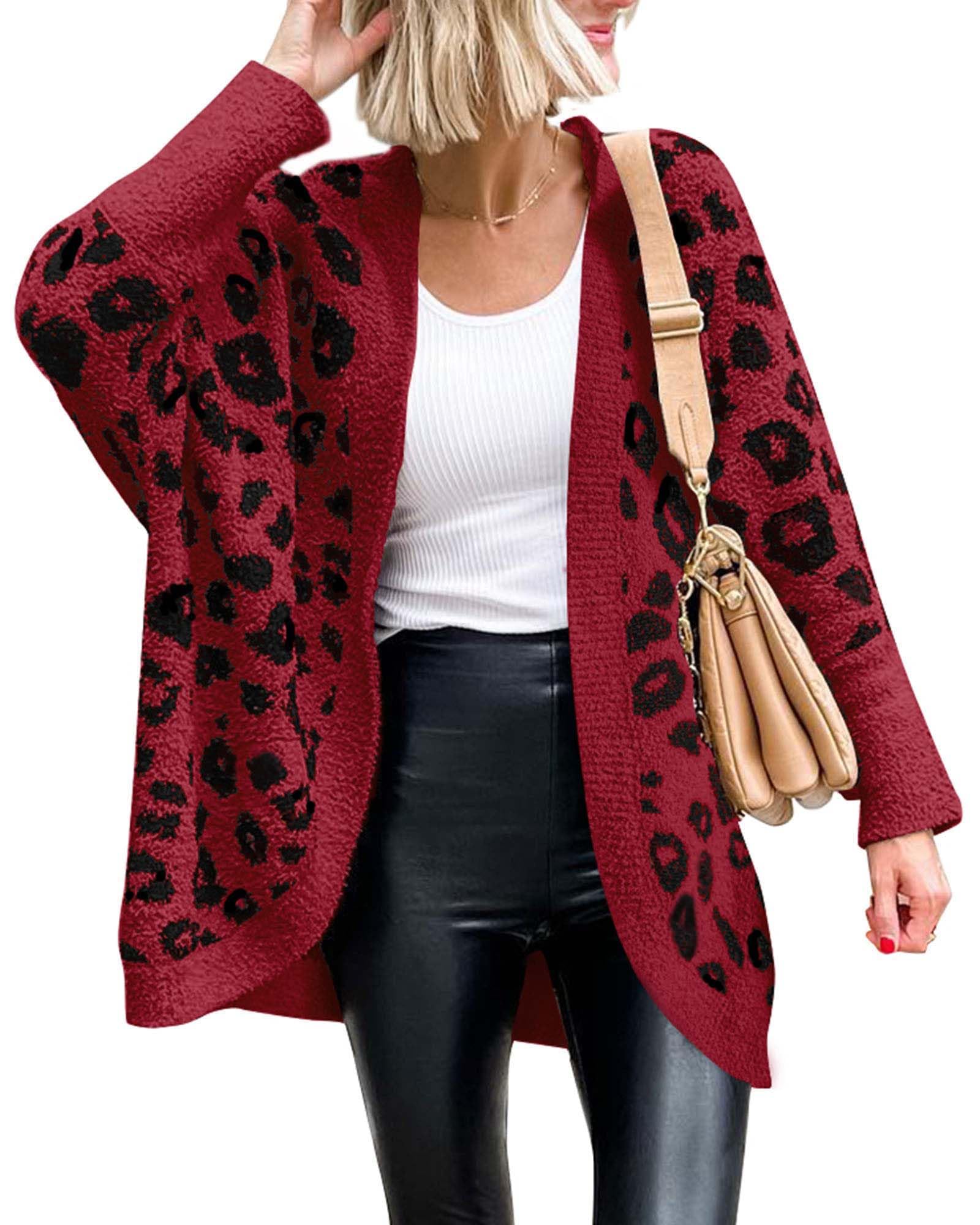 FreshPretty Leopard Cardigan for Women Long Sleeve Open Front Cardigans Sweaters Pockets Loose Knit Fall Winter Outwear