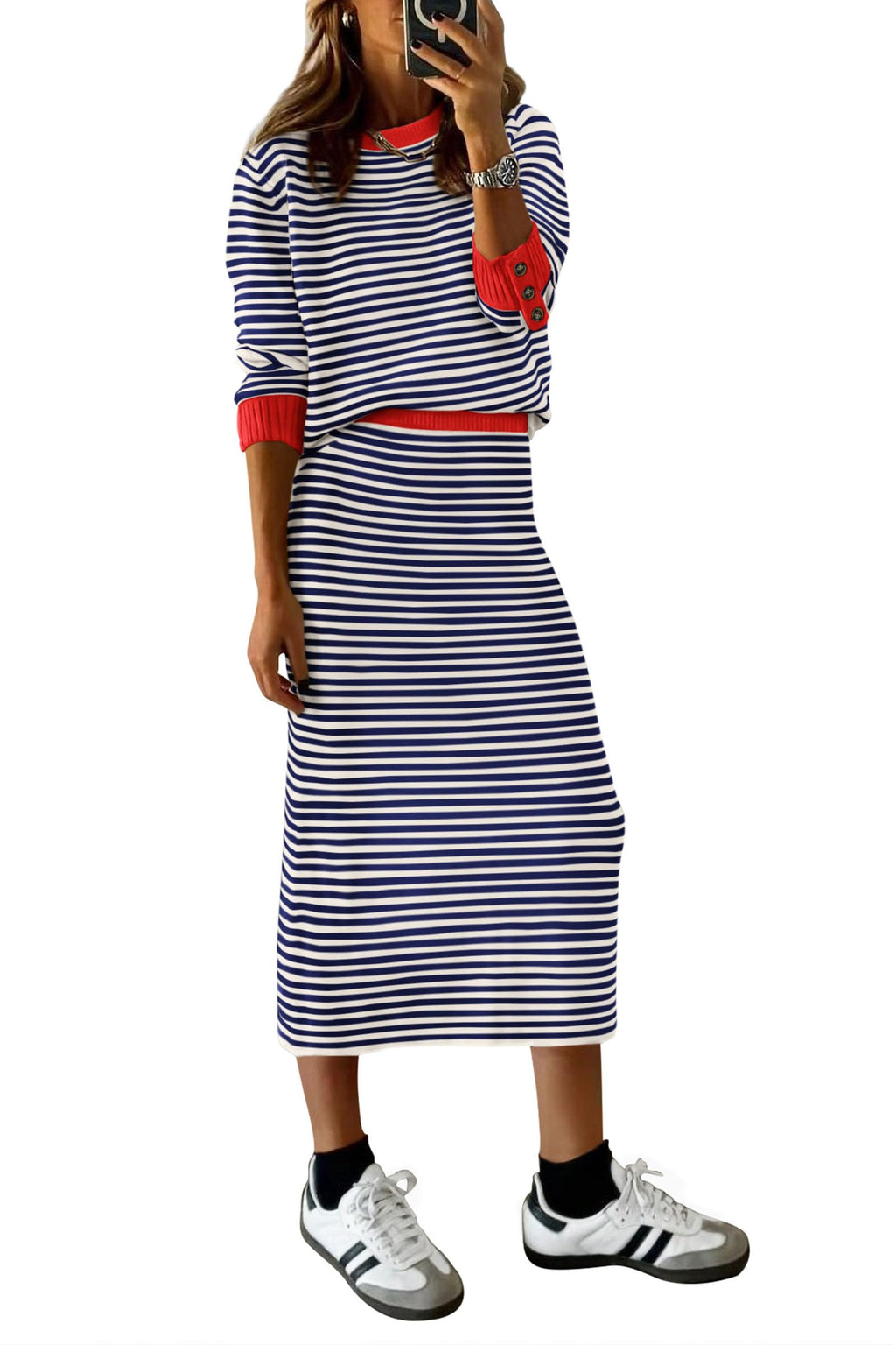 PRETTYGARDEN 2 Piece Skirts Sets For Women Fall Fashion Striped Sweater Dress Knit Lounge Travel Outfits Winter Clothing