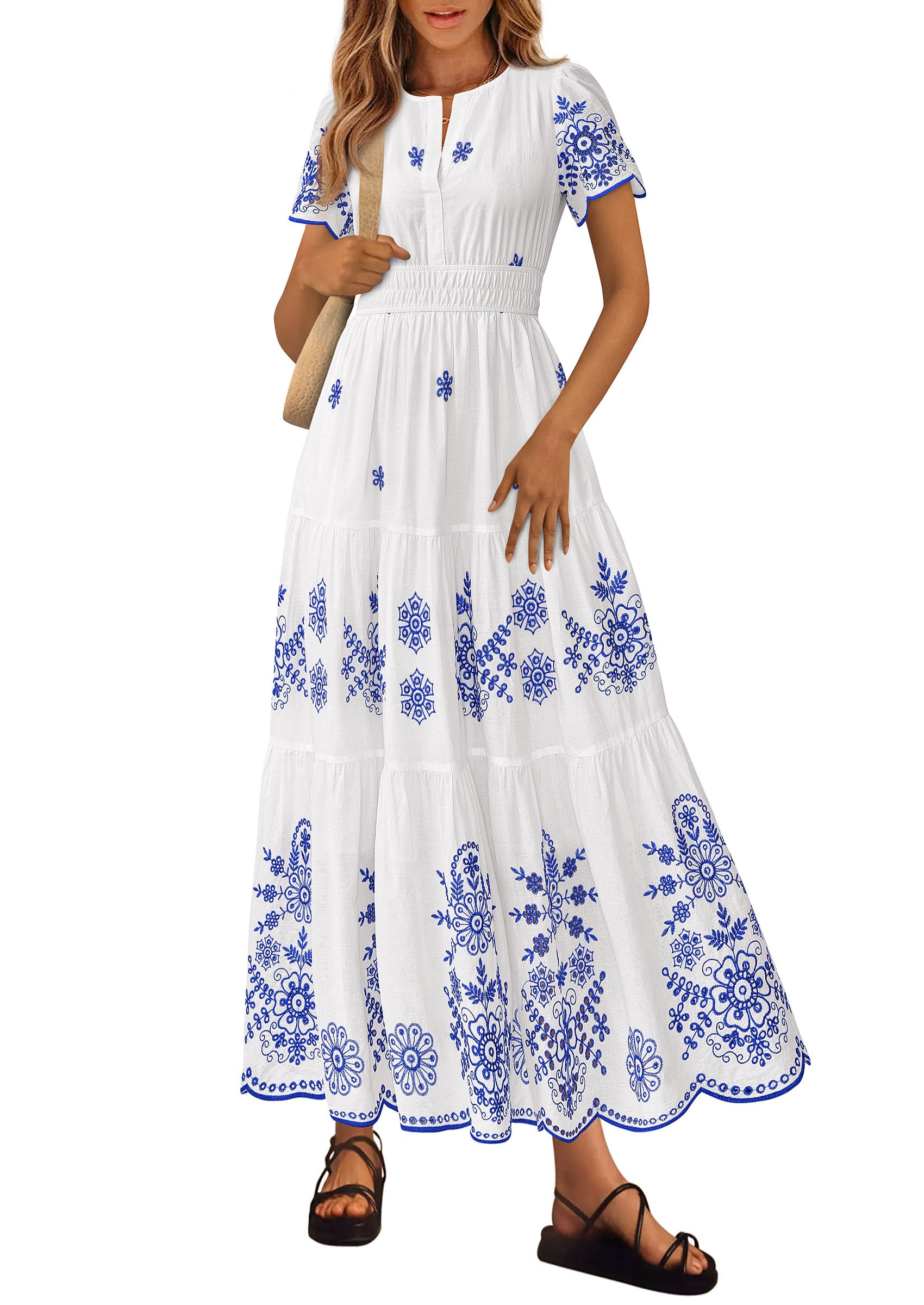 PRETTYGARDEN Boho Dresses for Women Summer Spring Casual Floral Short Sleeve V Neck Maxi Elastic Waist Dress Pockets