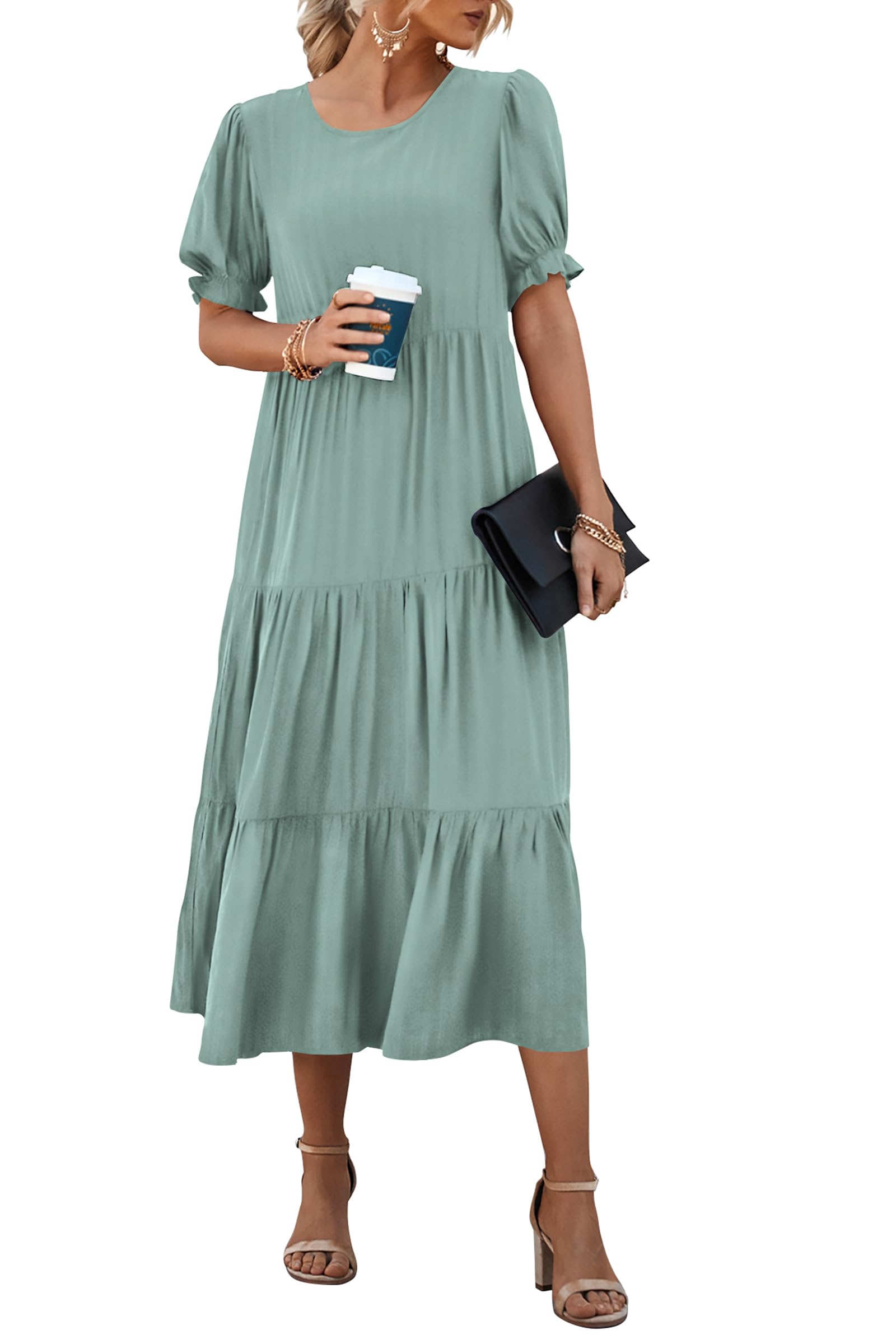 PRETTYGARDEN Summer Dresses for Women Casual Floral Boho Midi Sun Dress Puff Short Sleeve Flowy Beach Vacation Sundress