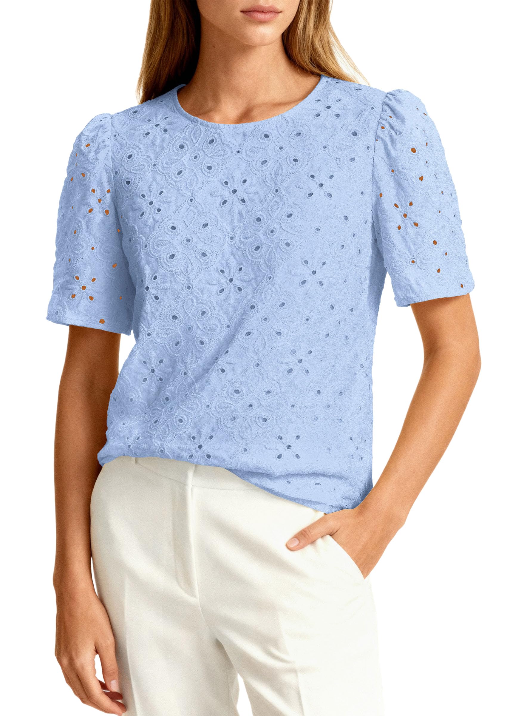 PRETTYGARDEN Women's Puff Short Sleeve Eyelet Shirts Summer Lace Blouses Dressy Casual Work Tops Spring Teacher Clothes