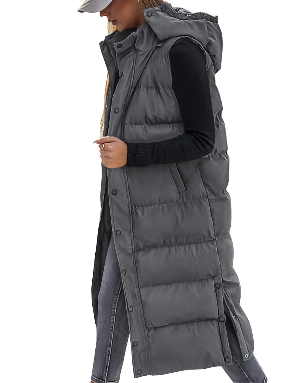 BTFBM Long Puffer Vest Women Quilted Hooded Button Down Zip Up Sleeveless Vests Outerwear Padded Jacket Fall Winter Coat