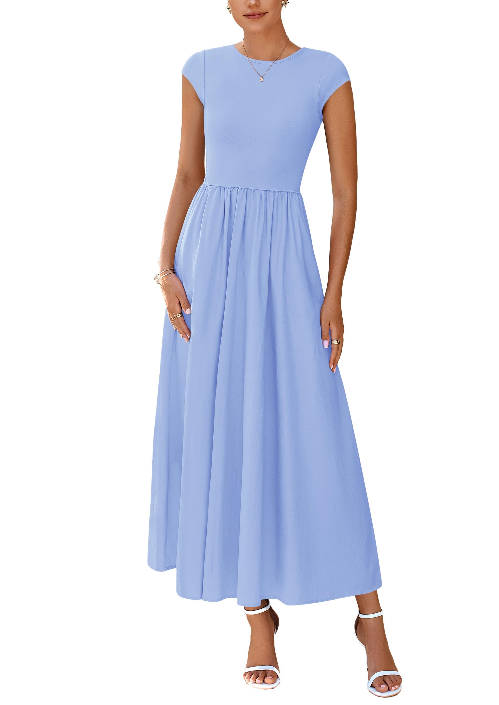 PRETTYGARDEN Women's Summer Casual Long Dresses Cap Sleeve Patchwork A Line Flowy Modest Elegant Homecoming Maxi Dress