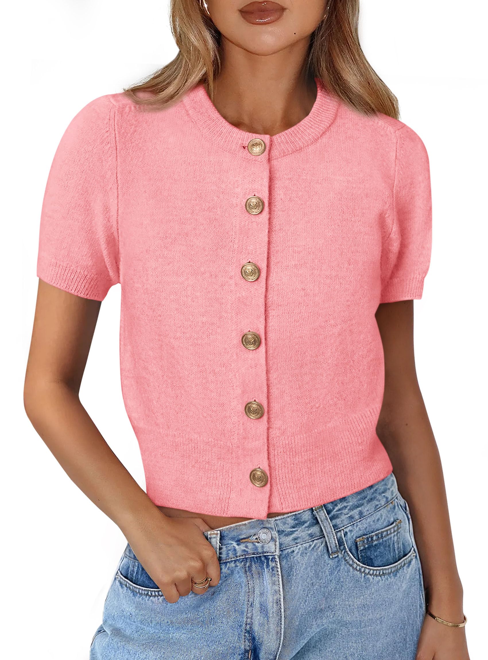 PRETTYGARDEN Womens Casual Summer Short Sleeve Cardigans Button Down Knitted Sweater Basic Crew Neck Crop Tops