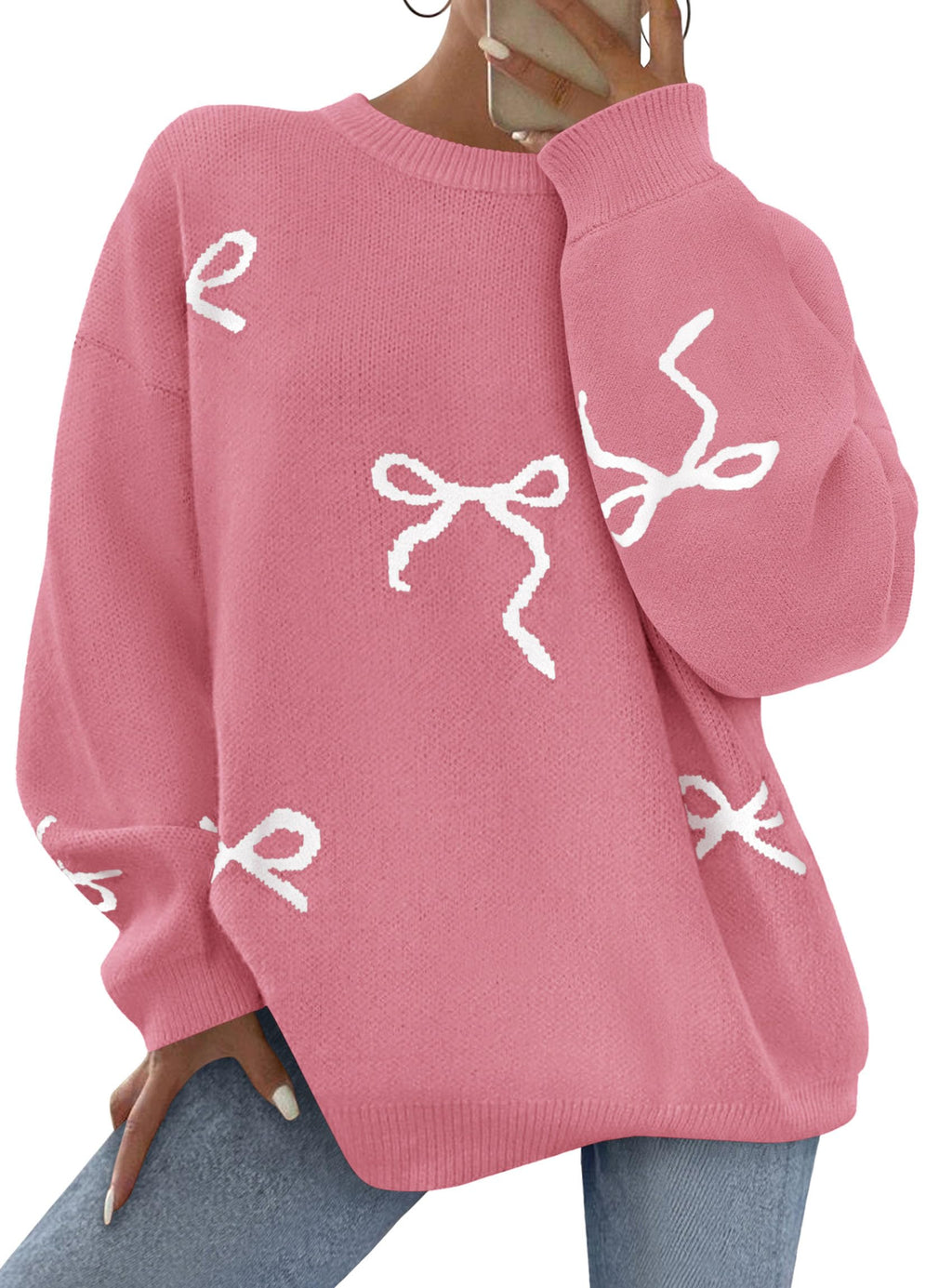 PRETTYGARDEN Fall Long Sleeve Pullover Sweaters for Women Trendy Crewneck Casual Cute Bow Chunky Knit Oversized Sweater