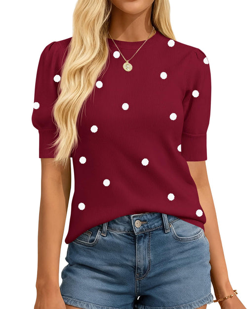 BTFBM Womens Sweaters Polka Dot Short Sleeve Sweater for Women Crew Neck Knit Summer Tops Business Dressy Casual Blouses